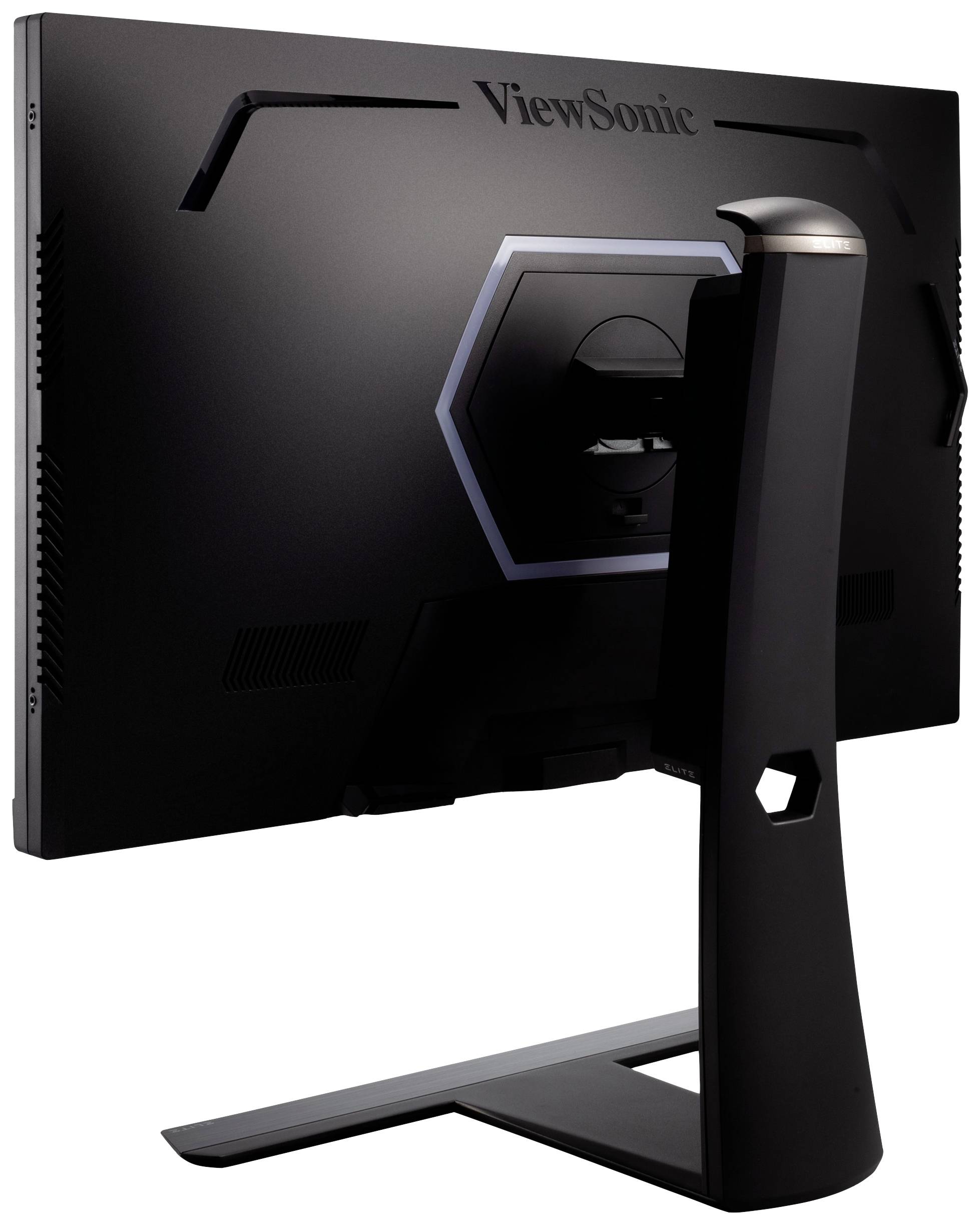 Ein Monitor von hinten mit der Marke 'ViewSonic' sichtbar. Das Design ist schlank und modern, mit einem sechseckigen Muster um die Halterung.