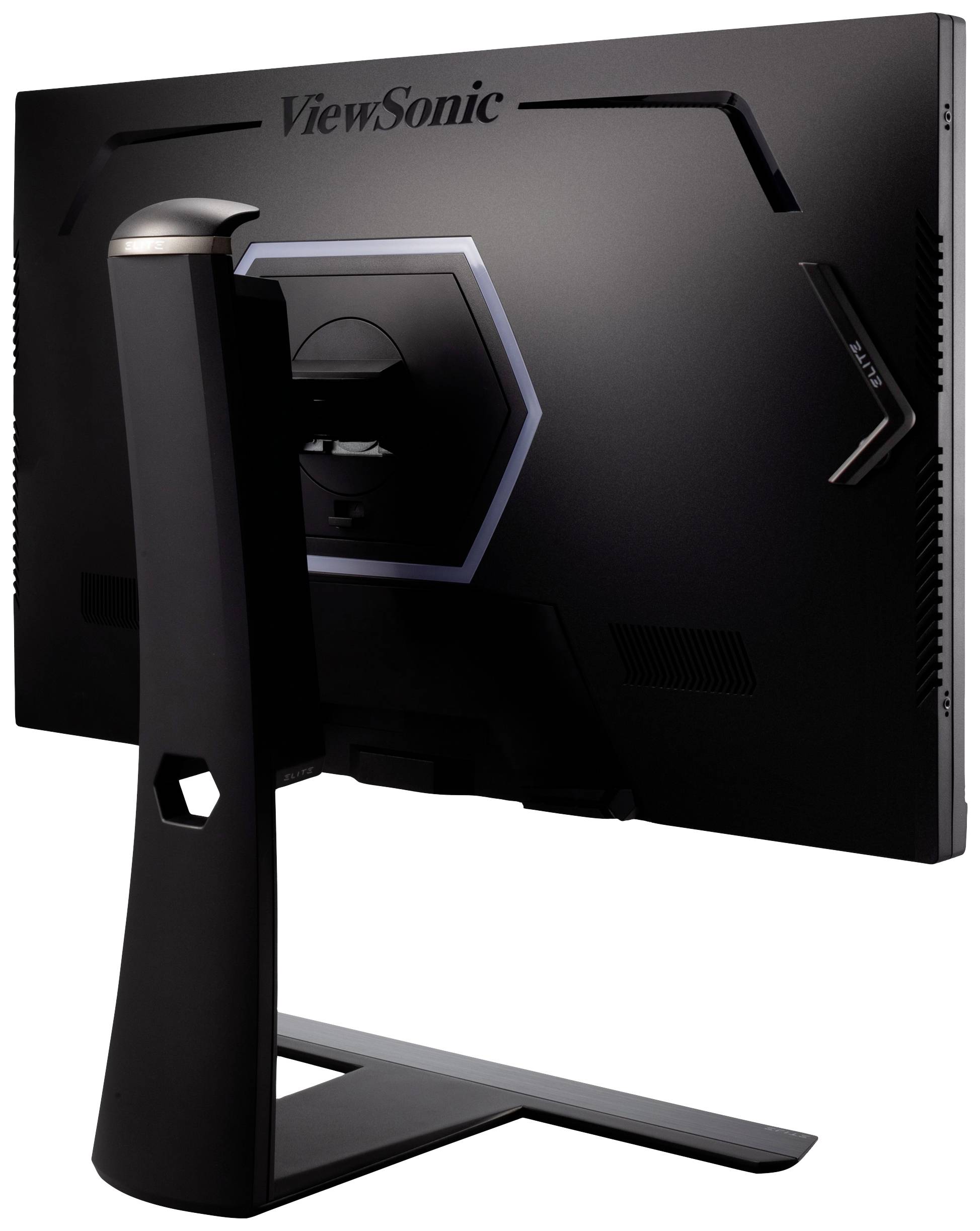 Ein schwarzer ViewSonic-Monitor von hinten, zeigt den Standfuß und die Rückseite des Bildschirms, ohne sichtbare Anschlüsse.