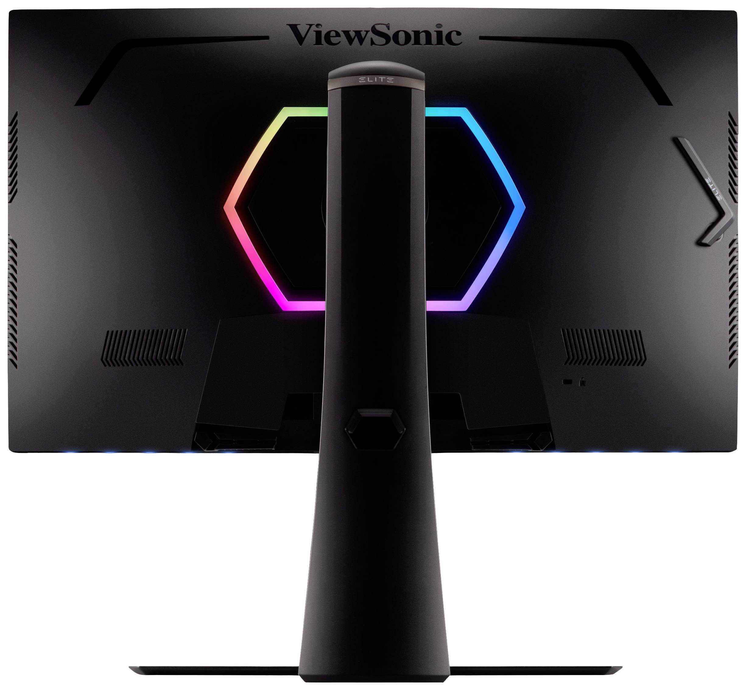 Rückansicht eines ViewSonic-Monitors mit sechseckiger RGB-Beleuchtung in verschiedenen Farben auf einem schwarzen Ständer.