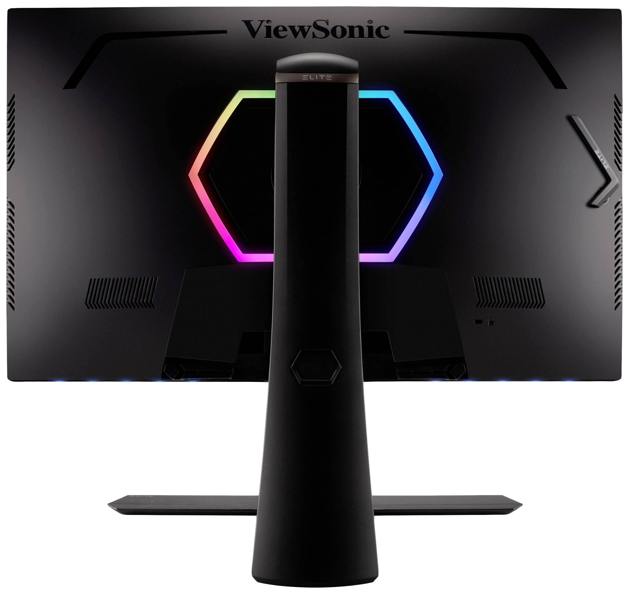 Ein Computermonitor von hinten aufgenommen, zeigt bunte Beleuchtung in hexagonaler Form auf der Rückseite des Geräts.