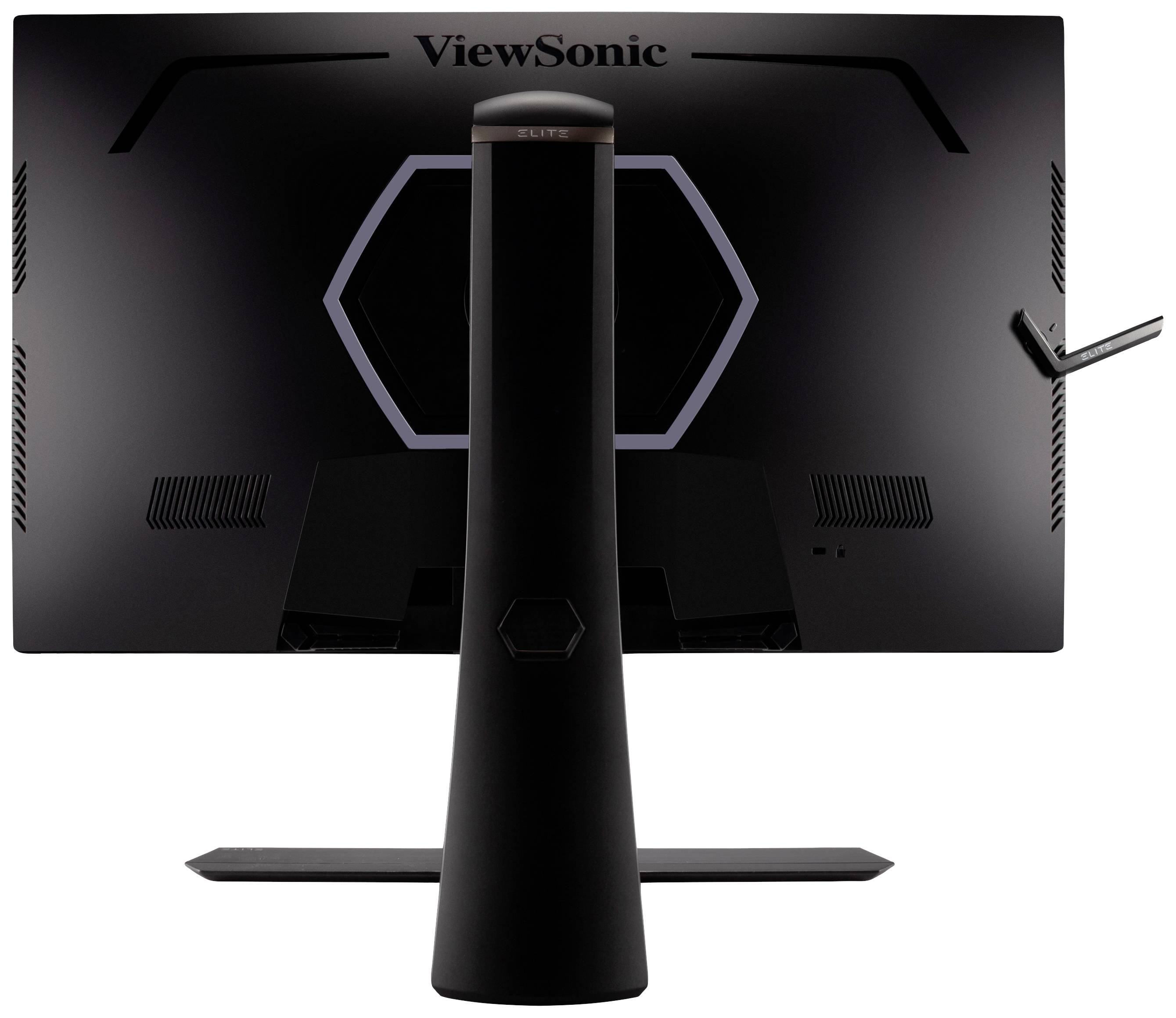 ViewSonic Monitor von hinten, montiert auf einem Standfuß mit hexagonalem Design. Es sind Lüftungsschlitze an den Seiten erkennbar.