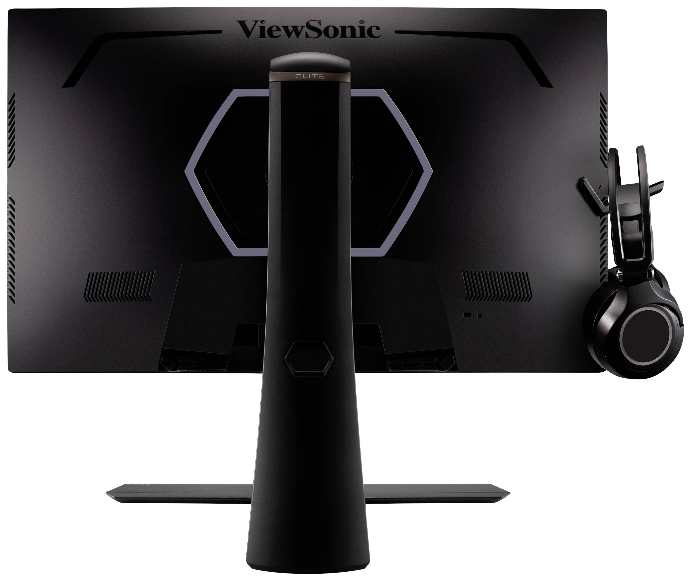 Ein schwarzer Monitor von ViewSonic, gesehen von hinten, mit einem auf der rechten Seite aufgehängten schwarzen Kopfhörer.