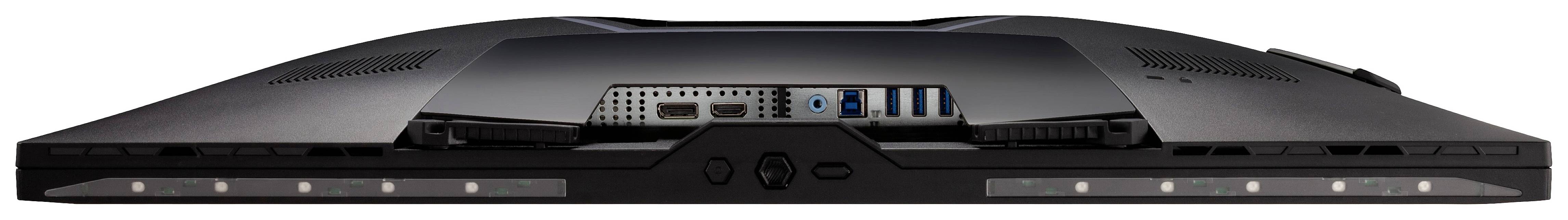 Rückansicht eines Computer-Monitors mit verschiedenen Anschlüssen, u.a. HDMI, USB, und Audio.