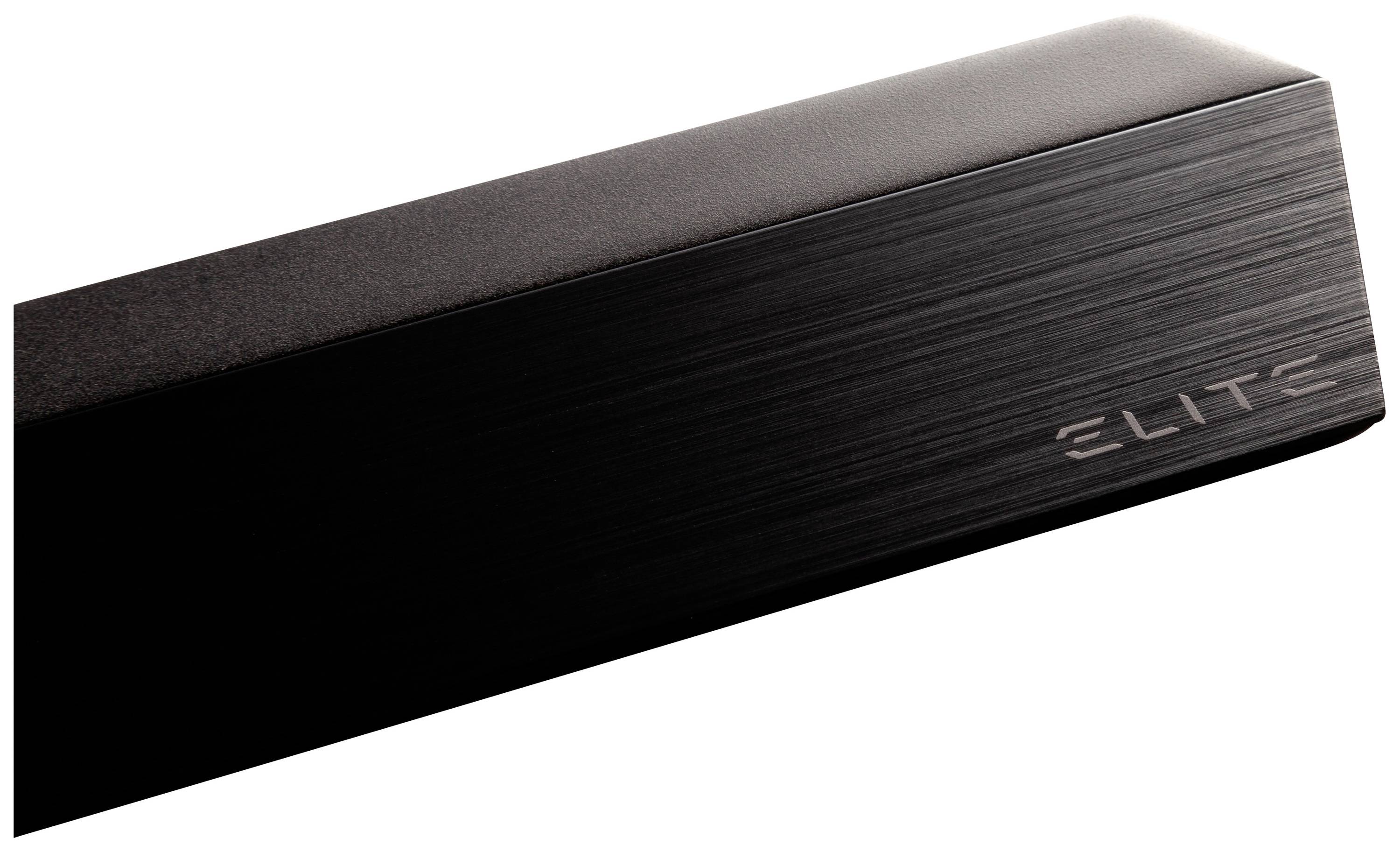 Eine dunkle Soundbar mit der Aufschrift 'ELITE' auf der rechten Seite, präsentiert sich in einem schlichten, eleganten Design.