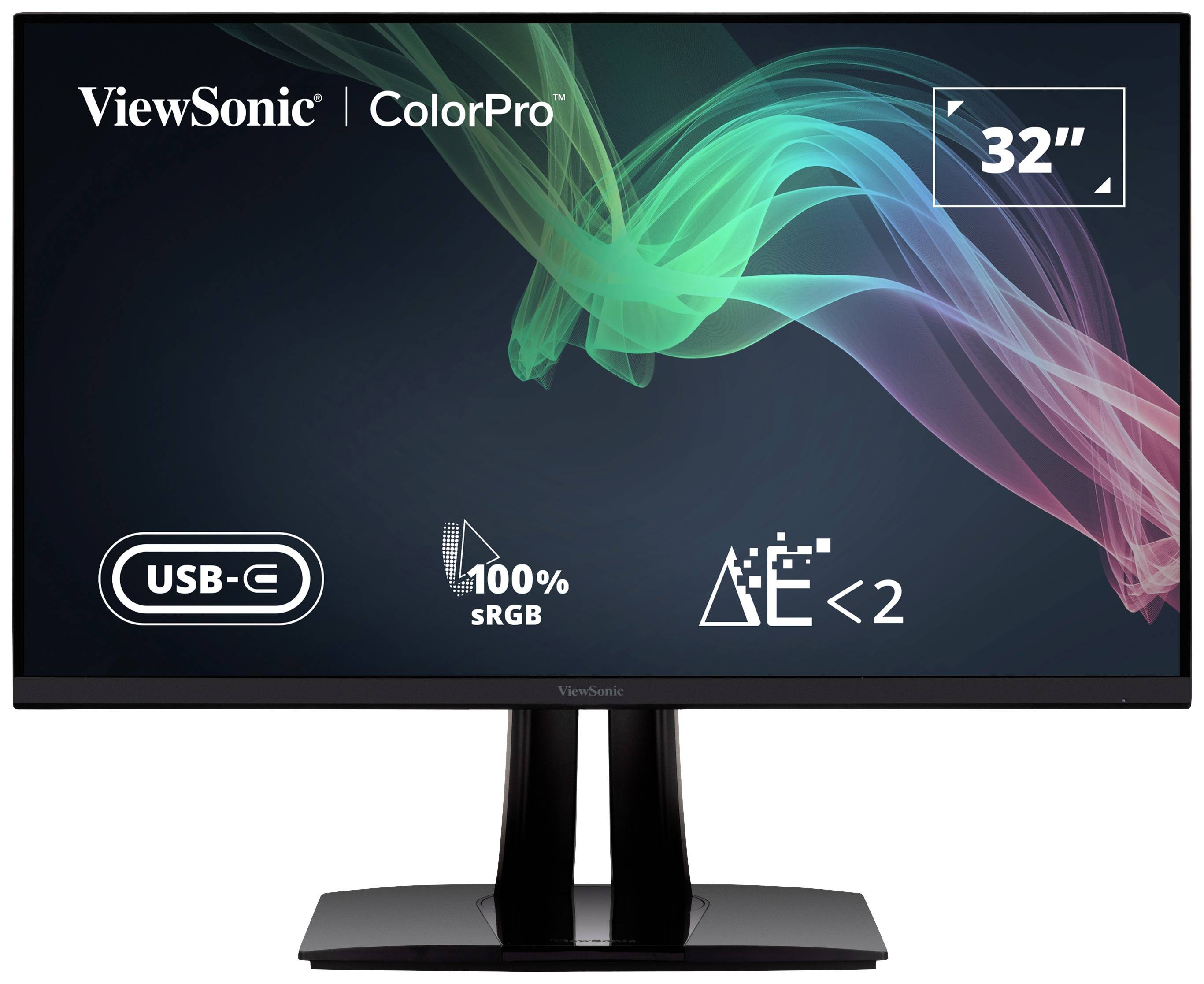 Ein 32-Zoll-Monitor von ViewSonic mit 'ColorPro' Label. Unterstützt USB-C, 100% sRGB. Enthält wenige Tasten und ein schlichtes Design.