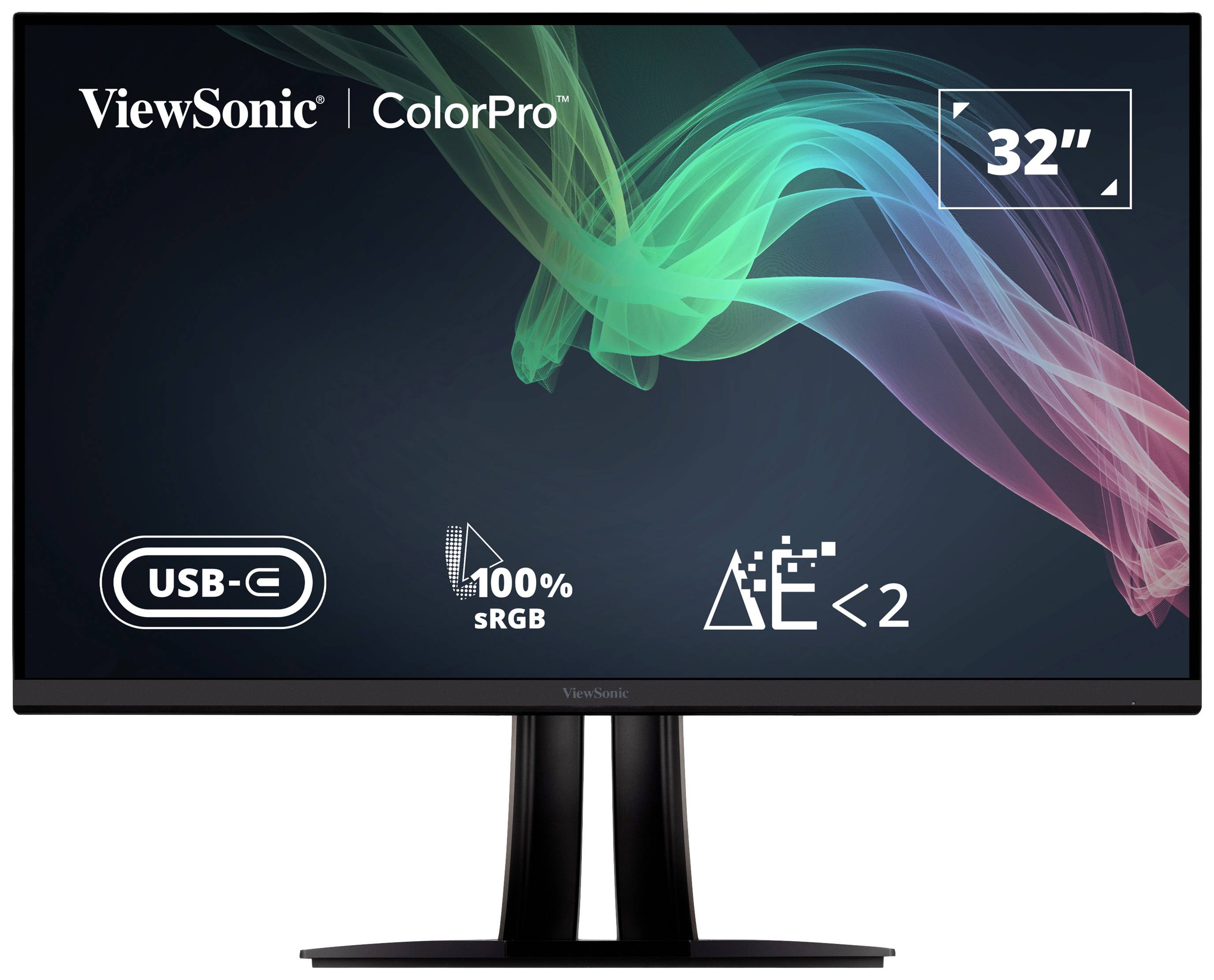 32-Zoll-Monitor von ViewSonic mit 'ColorPro', 'USB-C', '100% sRGB' und speziellem Augenschutzmodus.