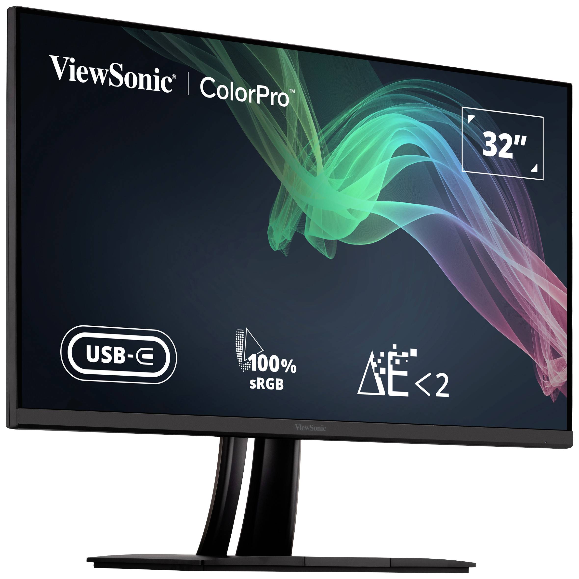 Ein 32-Zoll-Monitor von ViewSonic mit der Bezeichnung 'ColorPro'. Unterstützt USB-C, 100% sRGB und hat eine geringe Blaulichtemission.
