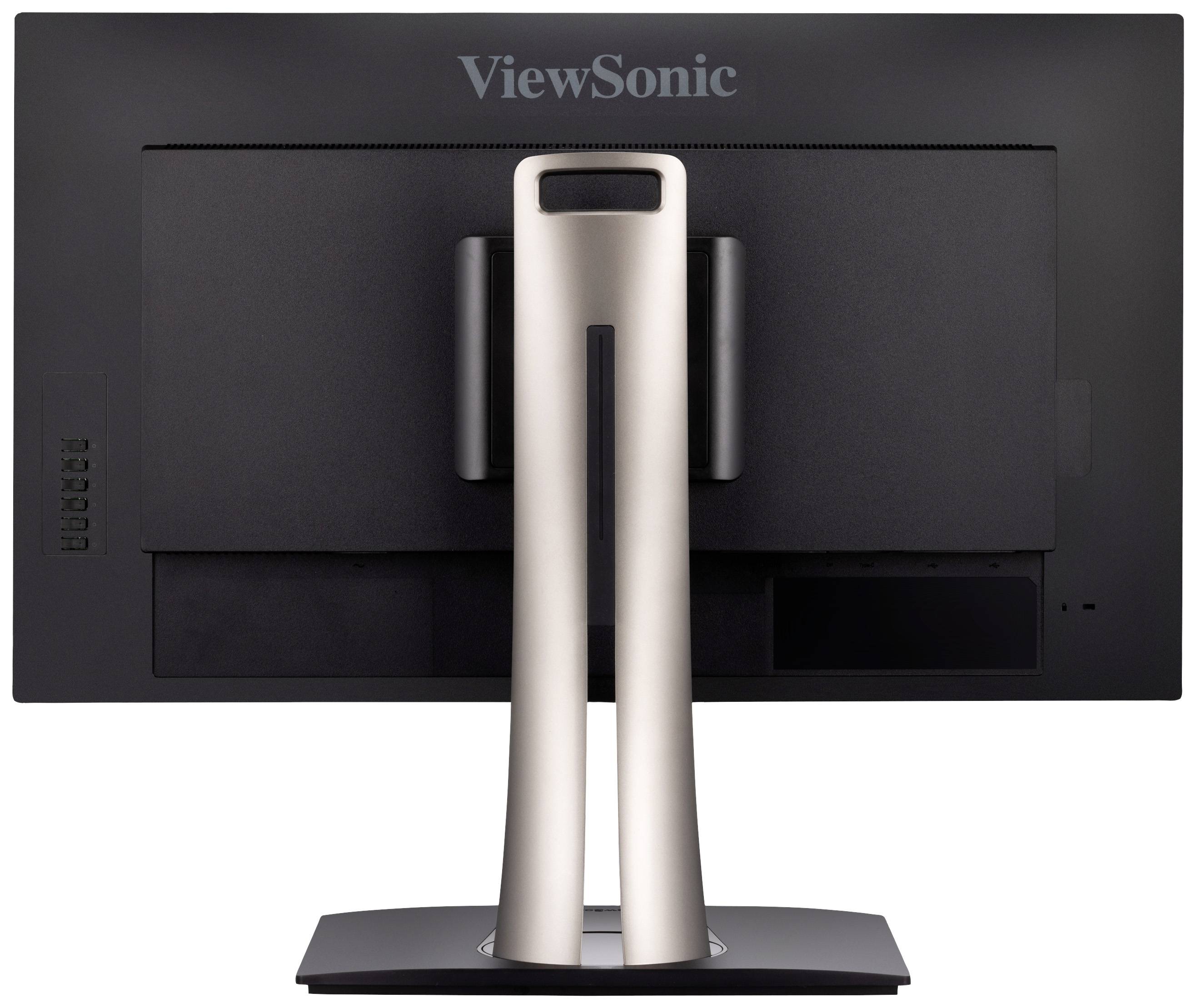 Rückansicht eines schwarzen ViewSonic-Monitors mit silbernem Standfuß, zeigt Kabelanschlüsse und Halterung.