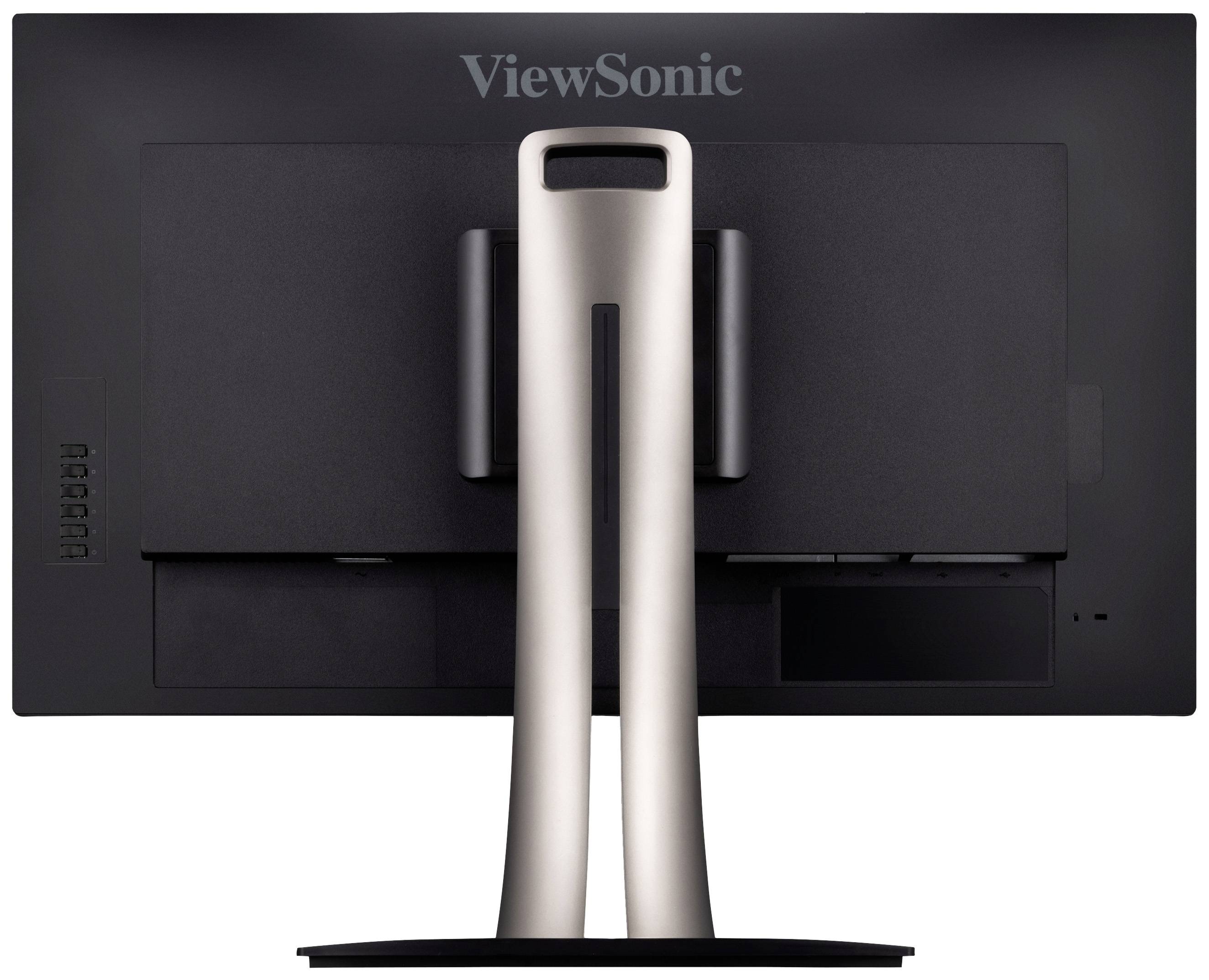 Der Monitor von hinten mit schlichtem, silbernem Standfuß. Die Marke 'ViewSonic' ist oben zu sehen.
