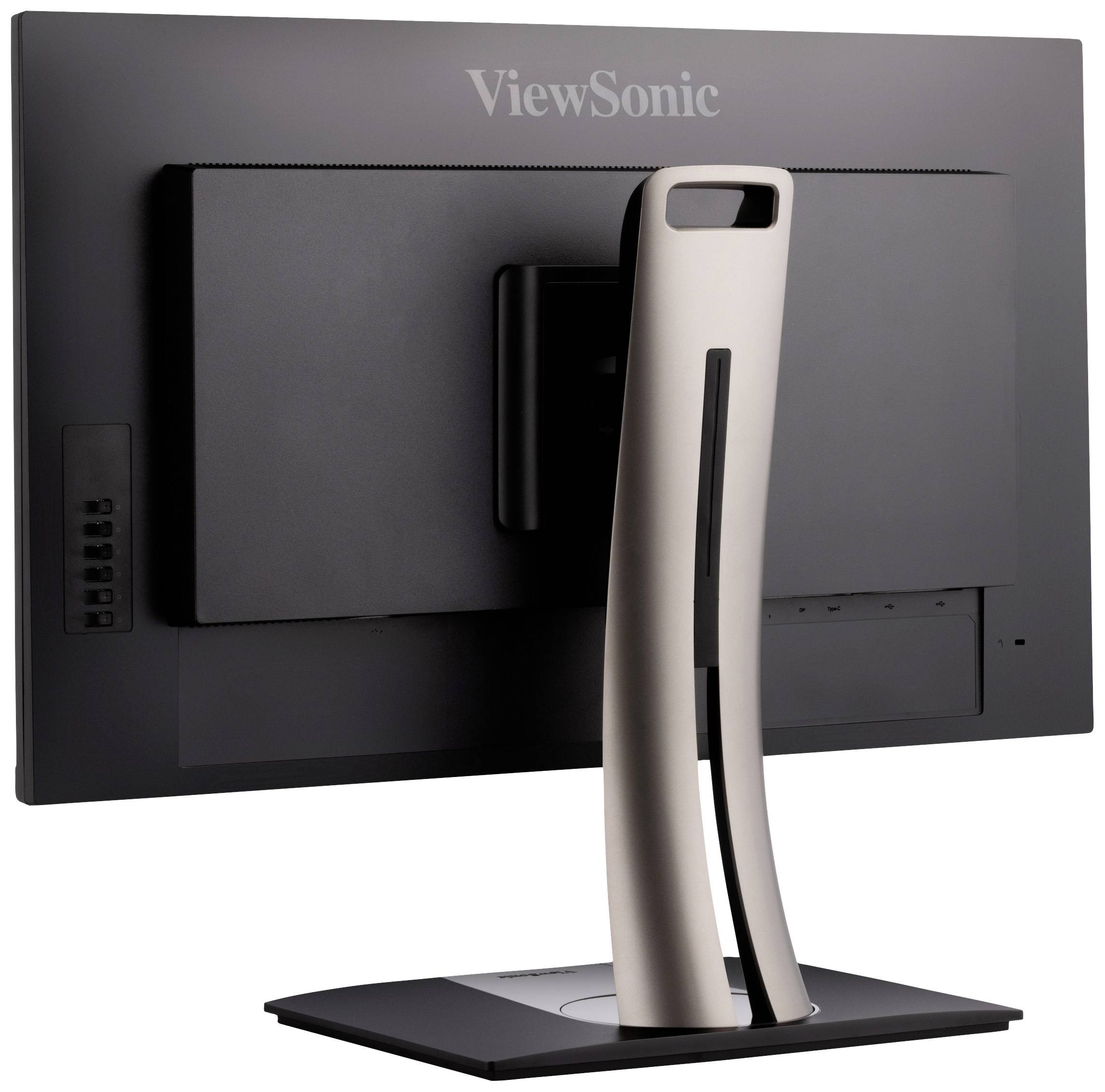 'ViewSonic'-Monitor, Rückansicht. Zeigt den Standfuß und die Anschlüsse auf der Rückseite.