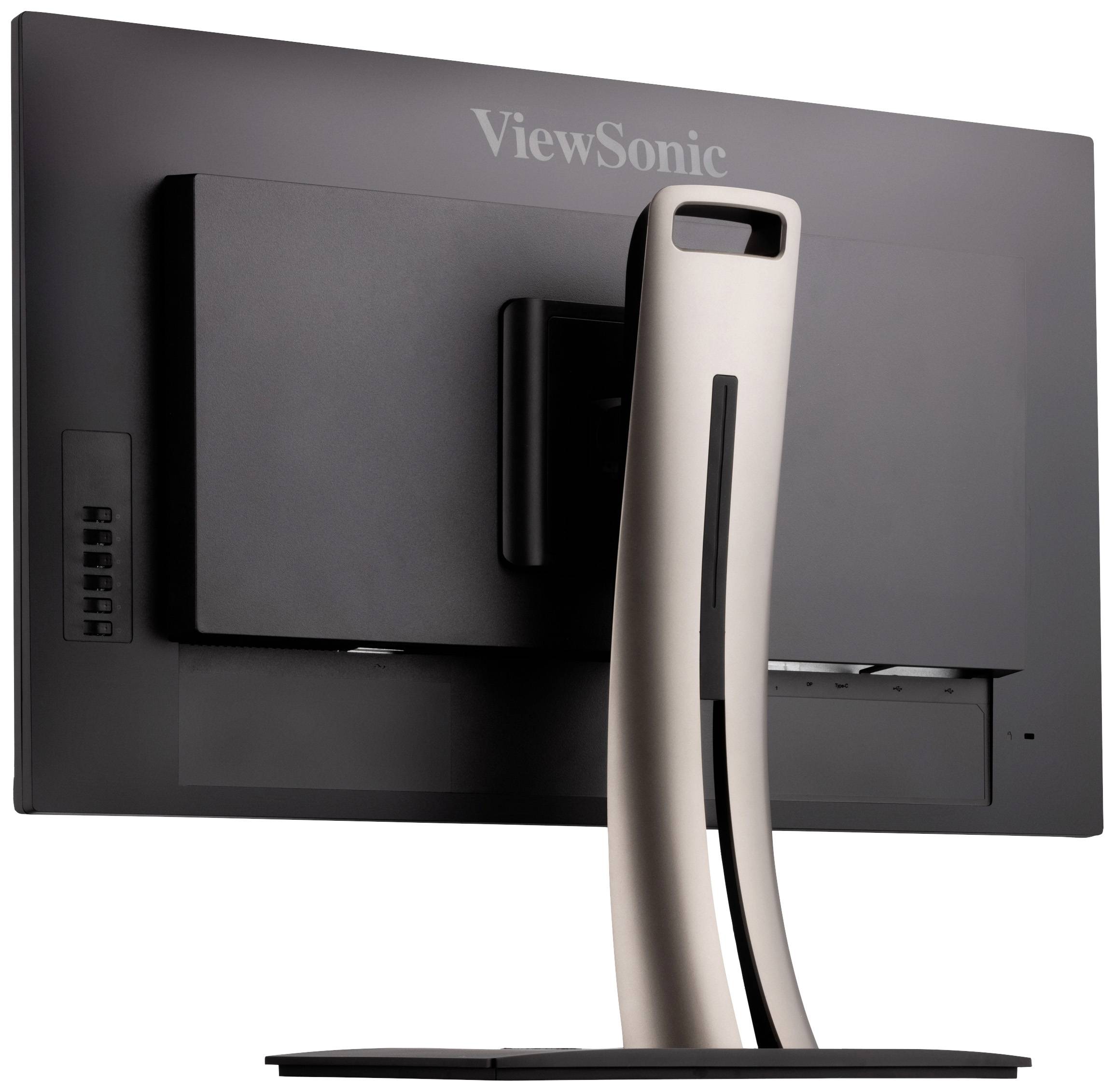 Rückansicht eines schwarzen ViewSonic Monitors mit einem eleganten, gebogenen Standfuß.