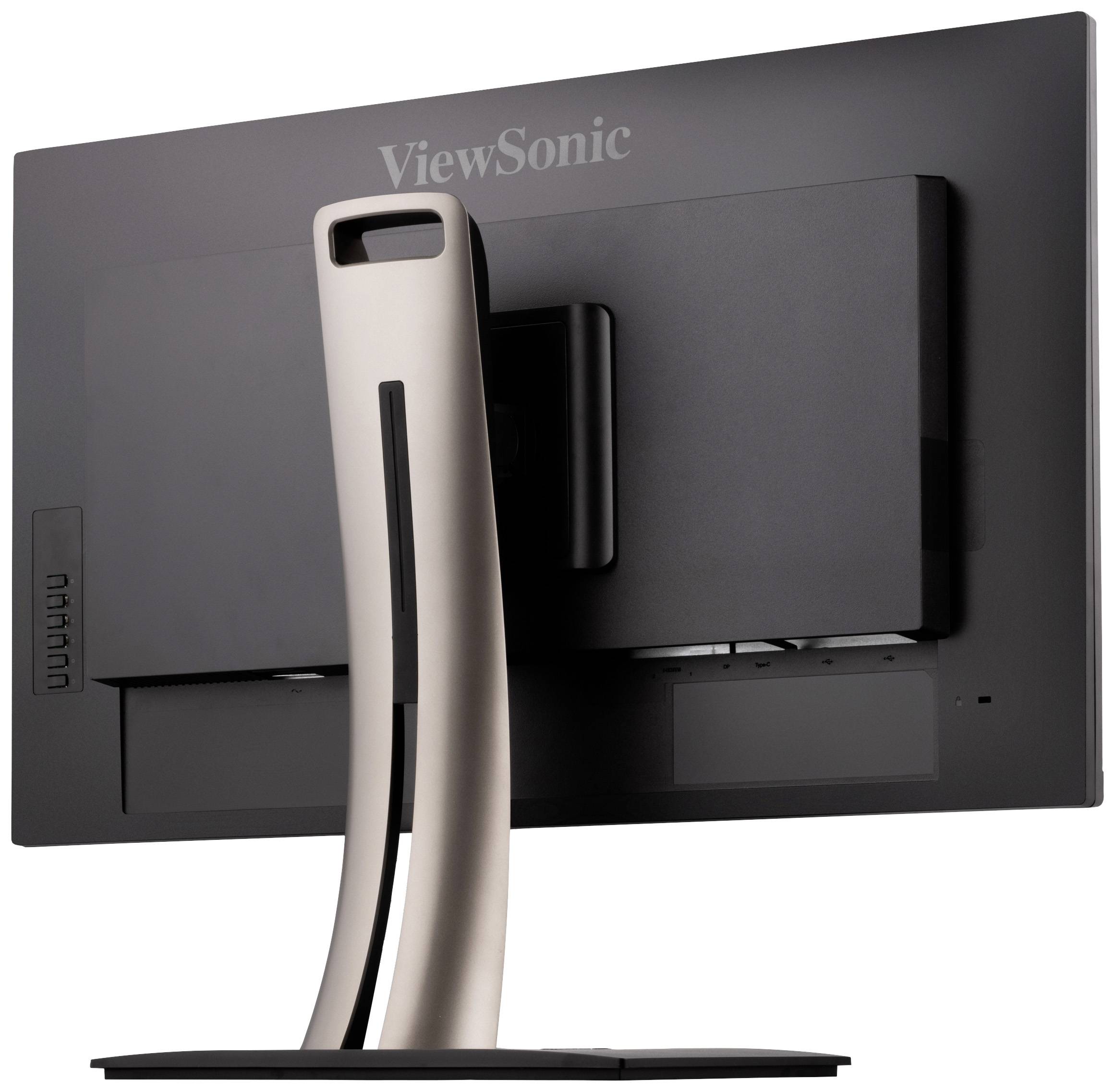 Rückseite eines schwarzen Monitors mit stabilem Standfuß. Darauf der Markenname 'ViewSonic'.