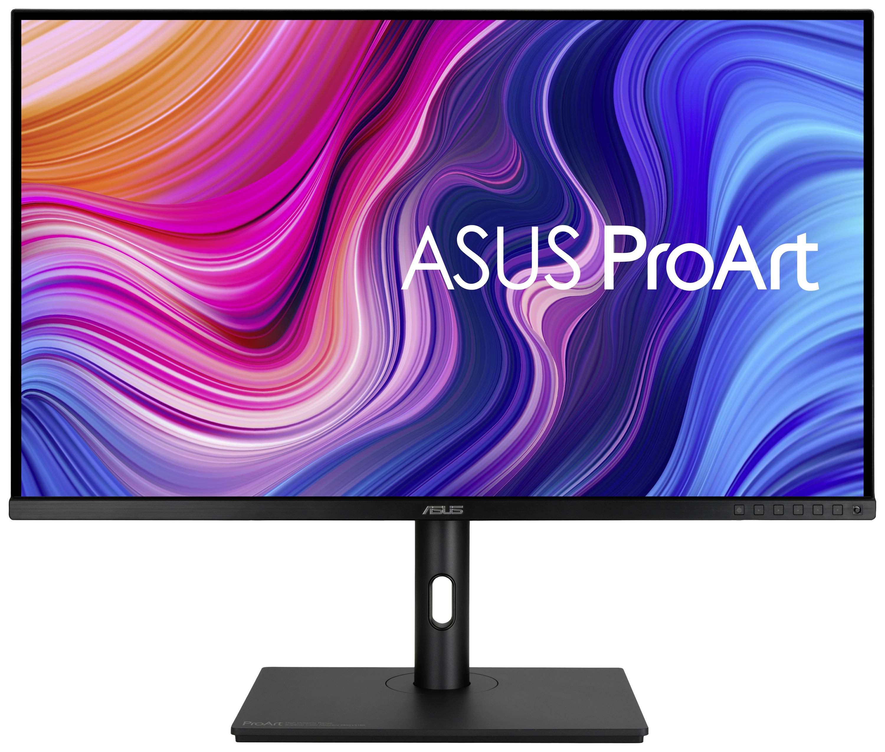 Ein ASUS ProArt Monitor mit leuchtendem, abstraktem Farbmuster auf dem Bildschirm, ideal für kreative Arbeiten und präzise Farbdarstellung.