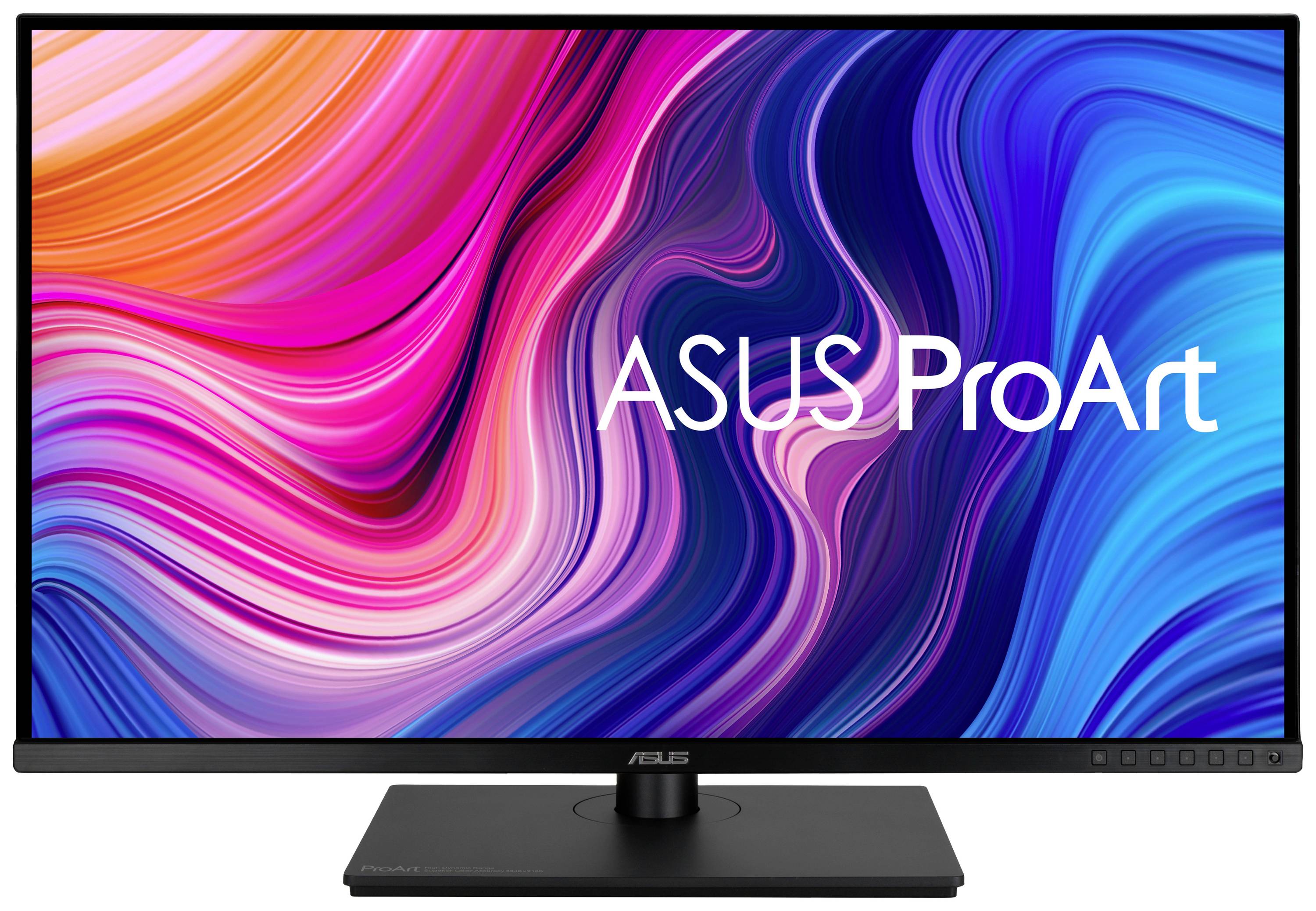 Ein ASUS ProArt Monitor mit einem lebendigen, abstrakten Hintergrund aus fließenden Farben. Werkzeugleiste mit Bedienelementen rechts unten.