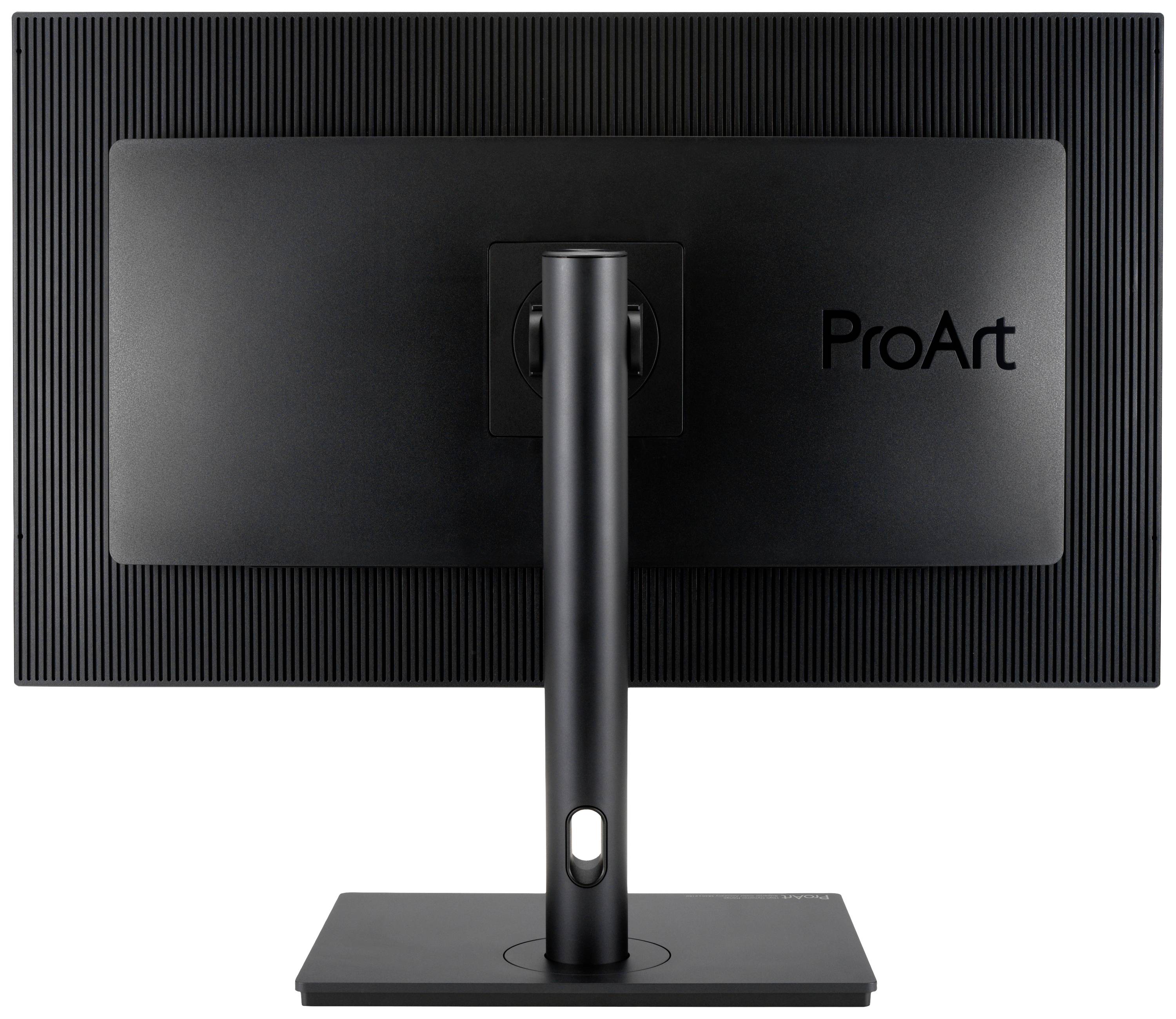 Rückansicht eines schwarzen Computer-Monitors auf einem Standfuß mit dem Schriftzug 'ProArt'.