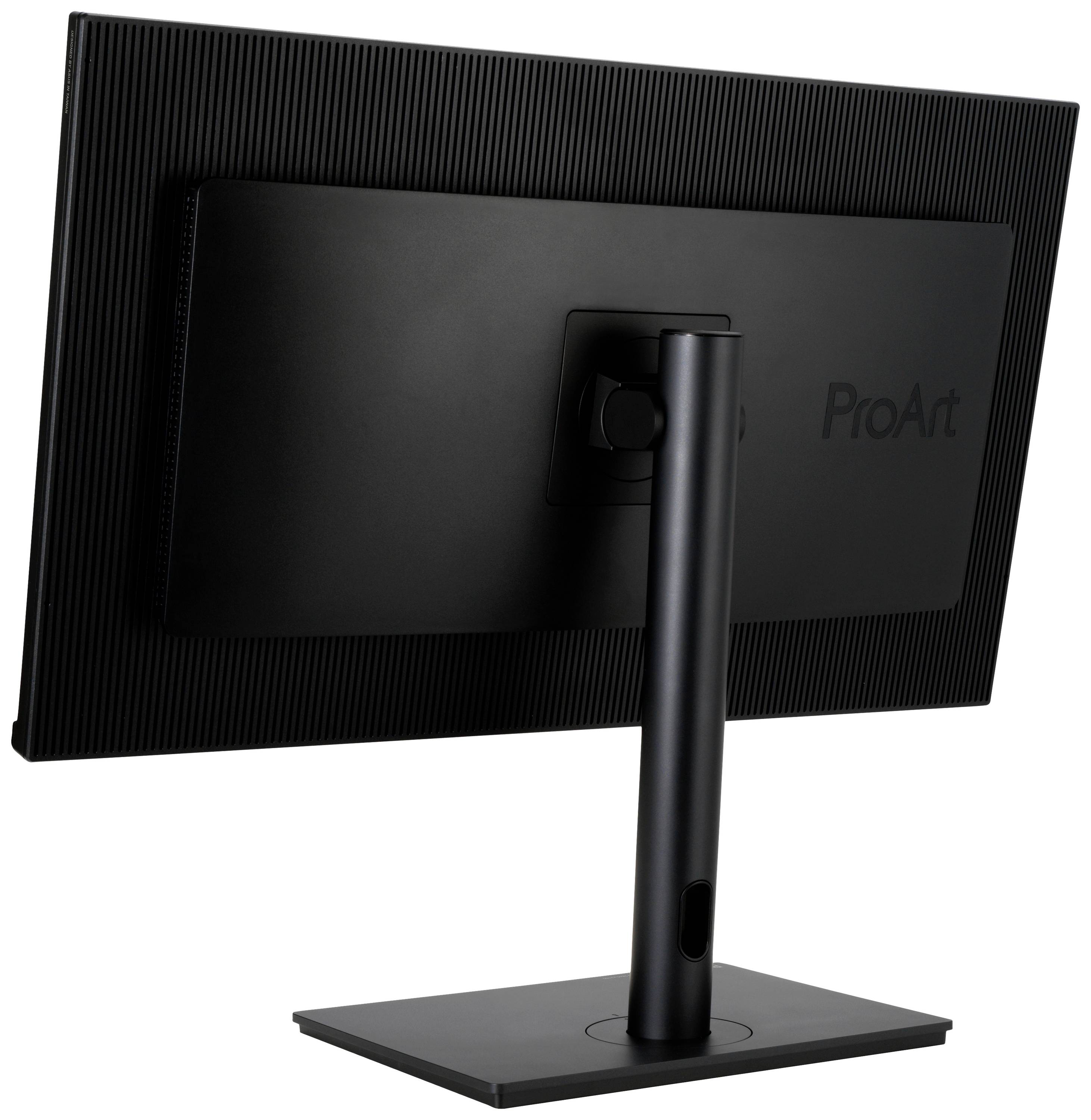Ein schwarzer Computermonitor mit rechteckigem Standfuß und dem Schriftzug 'ProArt' auf der Rückseite, in einem schlichten Design.