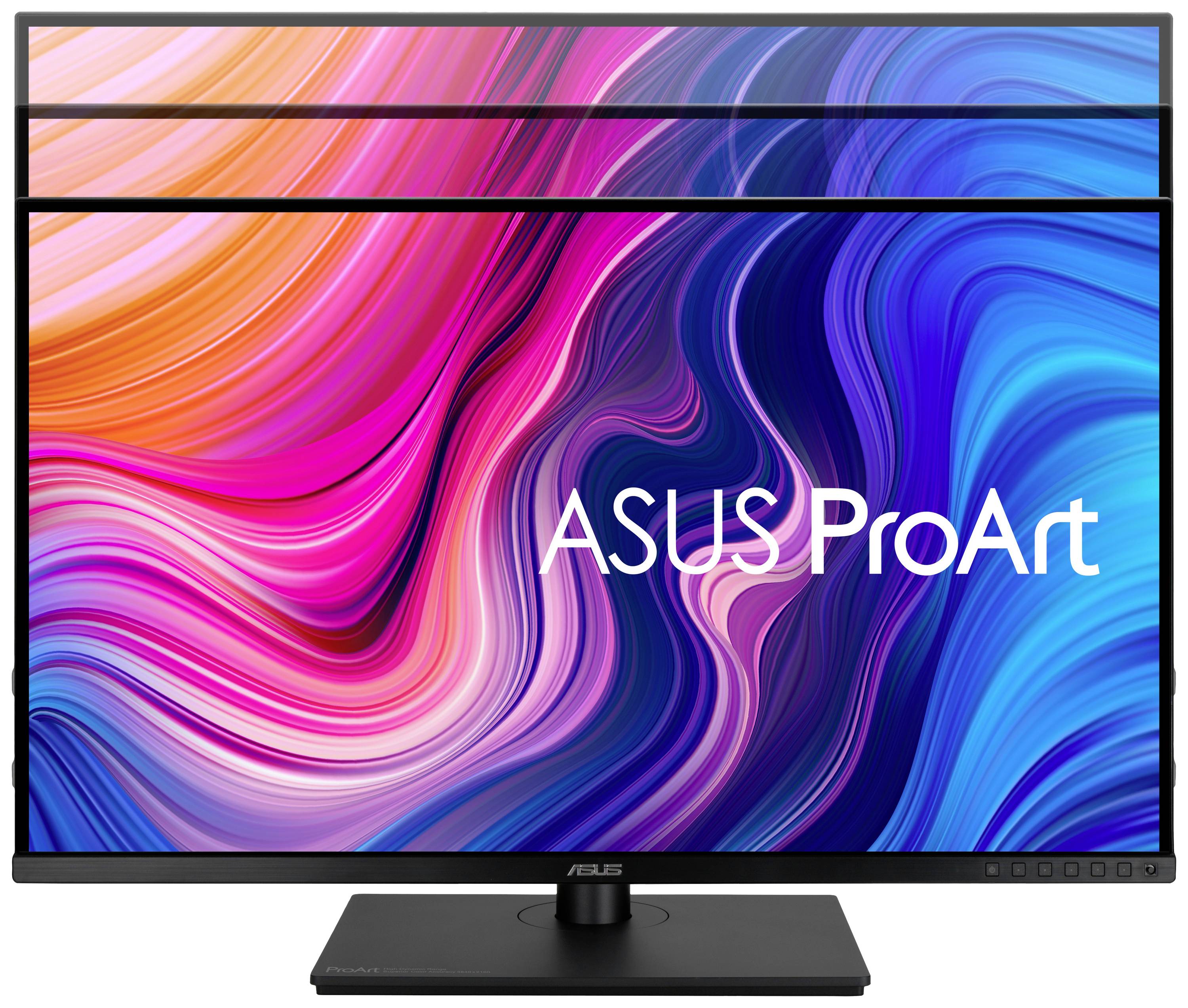 ASUS ProArt-Monitor mit buntem, wellenartigem Hintergrund und hoher Farbintensität. Ideal für kreative Arbeiten und Grafikdesign.