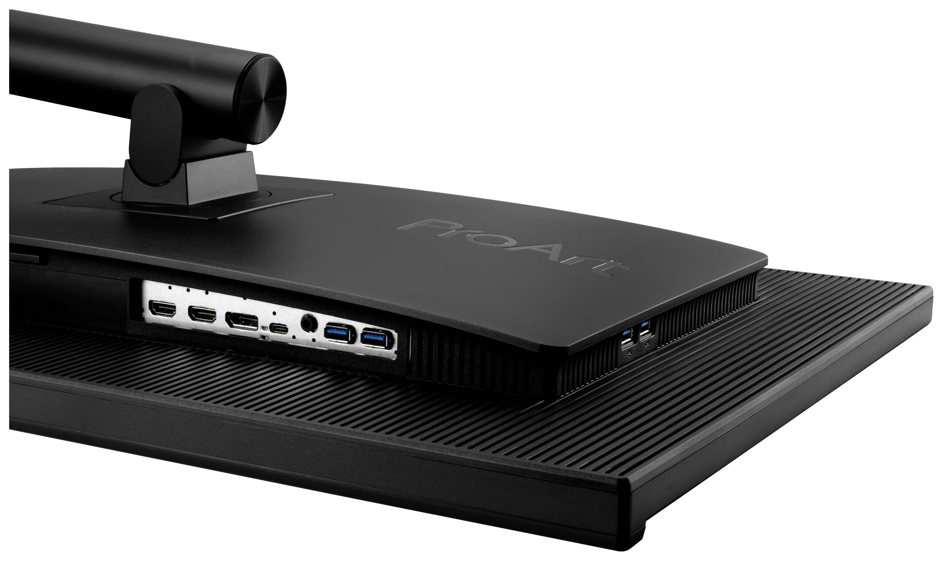 Die Rückseite eines schwarzen Computerbildschirms zeigt mehrere Anschlüsse für USB und HDMI, inklusive ein Standfuß.