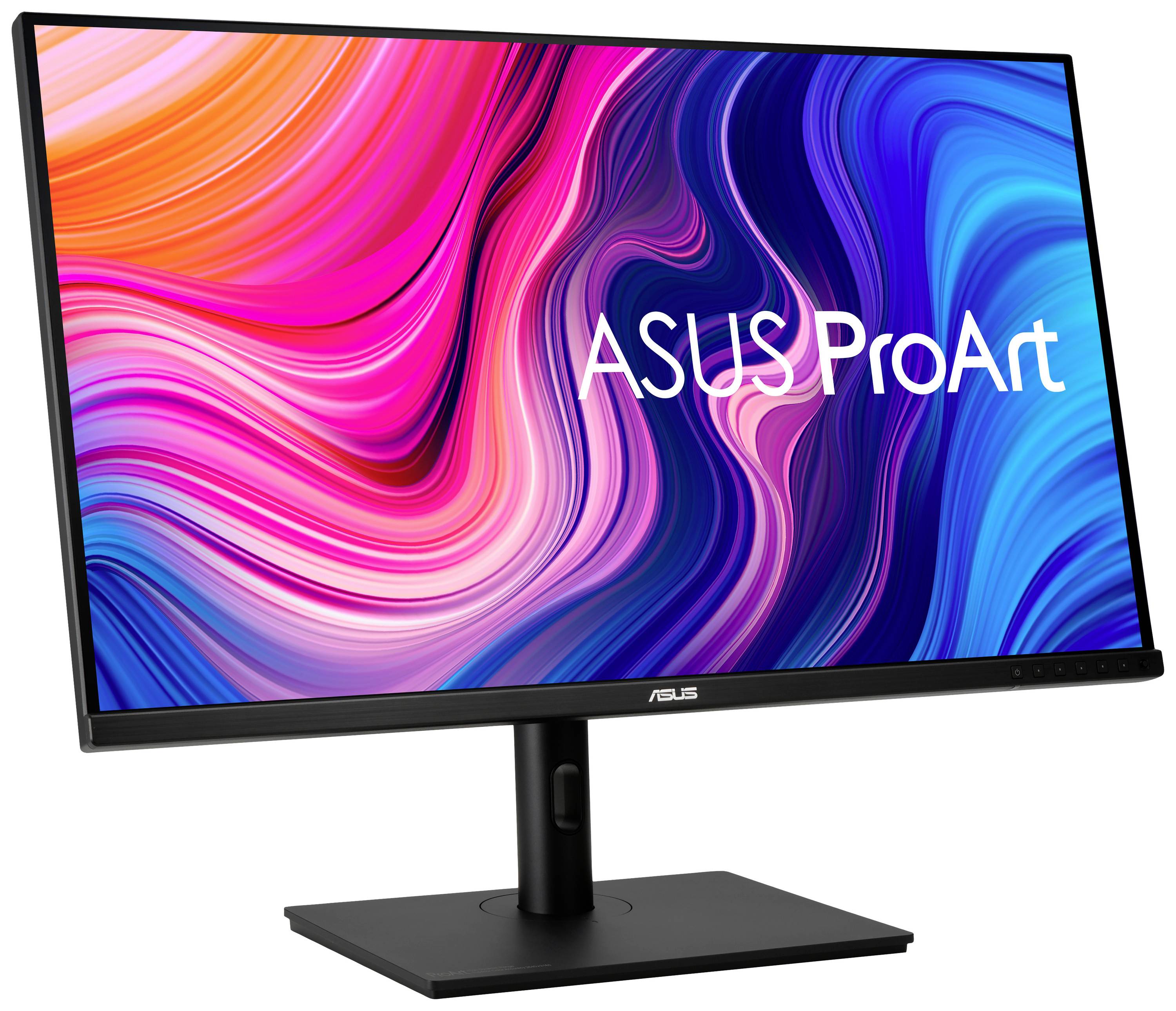Ein ASUS ProArt Monitor mit einem lebendigen, abstrakten Farbhintergrund auf dem Bildschirm.