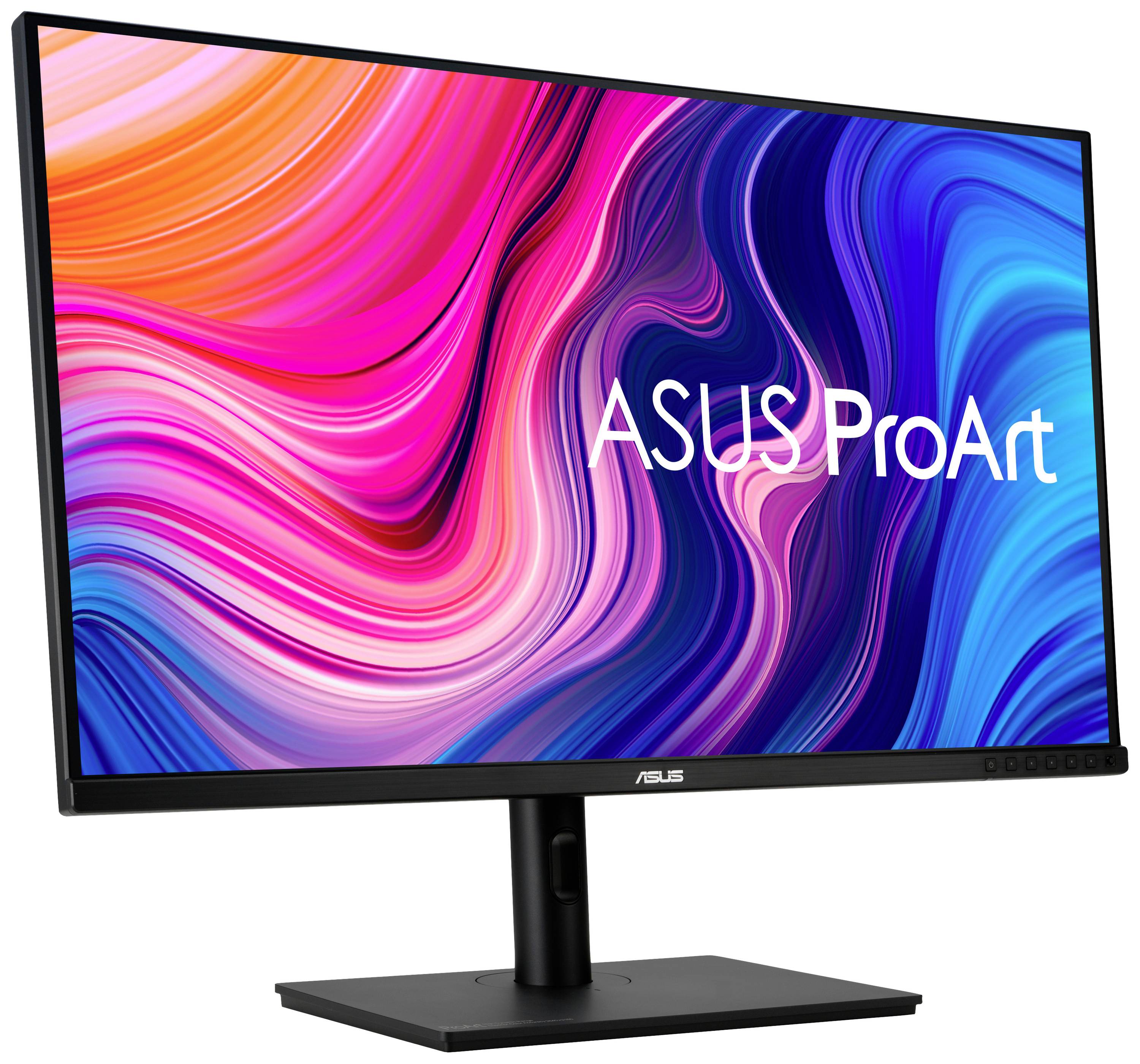 Ein Computerbildschirm zeigt bunte, abstrakte Wellen in Rot, Blau und Pink mit dem Text 'ASUS ProArt' in der Mitte des Bildes.