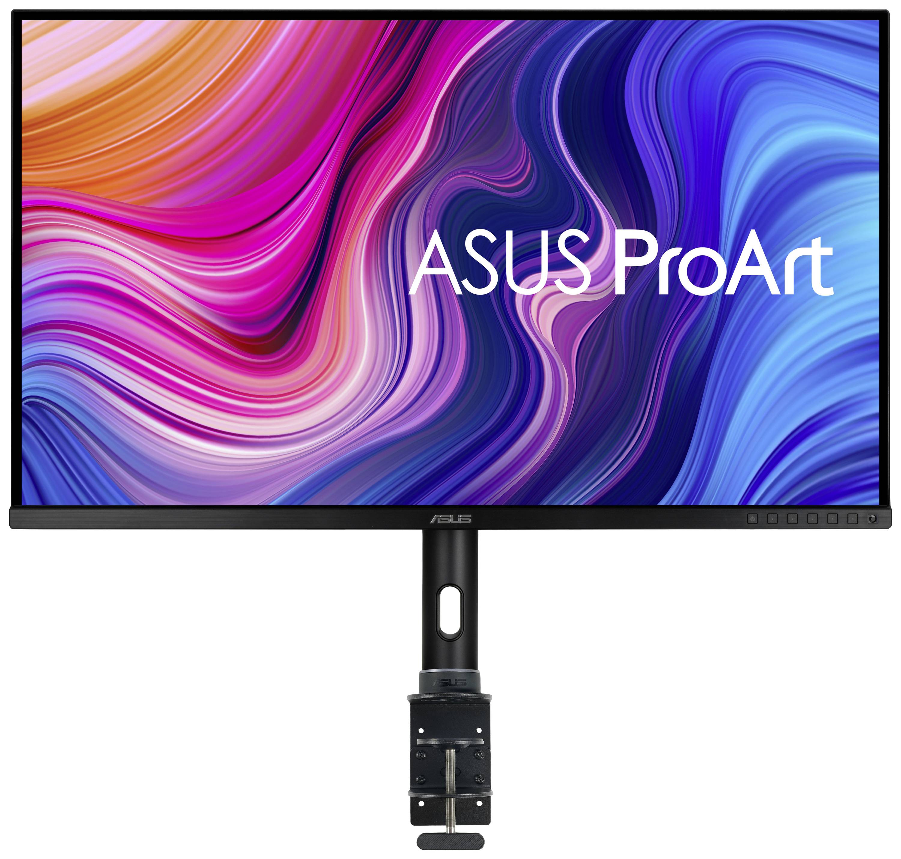 Ein ASUS ProArt Monitor mit buntem, wellenartigem Hintergrund; montiert auf einem flexiblen Halterungsarm.