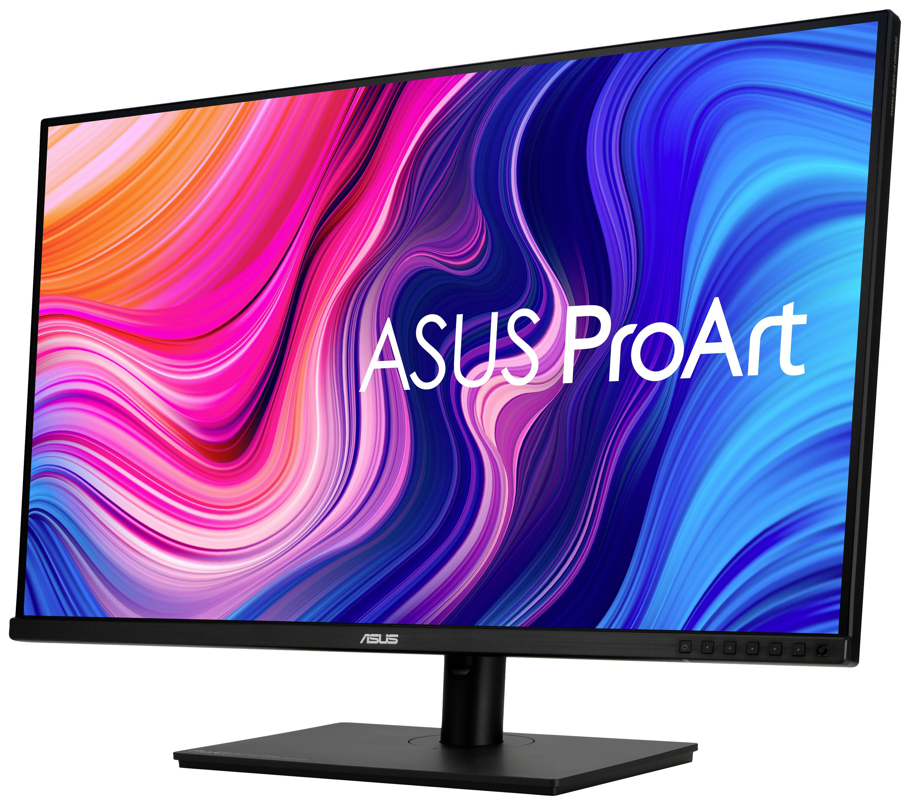 Ein ASUS ProArt Monitor mit einem lebendigen, wellenförmigen, bunten Hintergrundmuster auf dem Bildschirm.