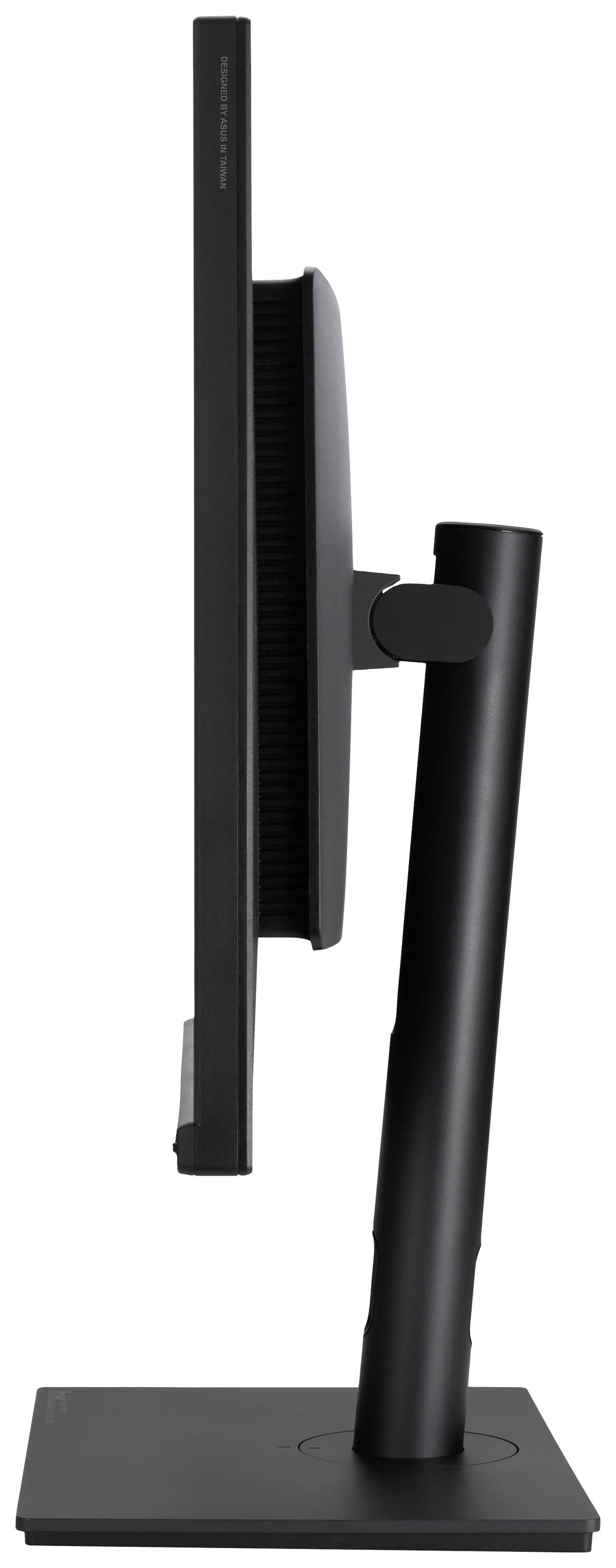 Ein schwarzer Computermonitor von der Seite betrachtet, zeigt das schlanke, vertikale Design und einen stabilen Standfuß.