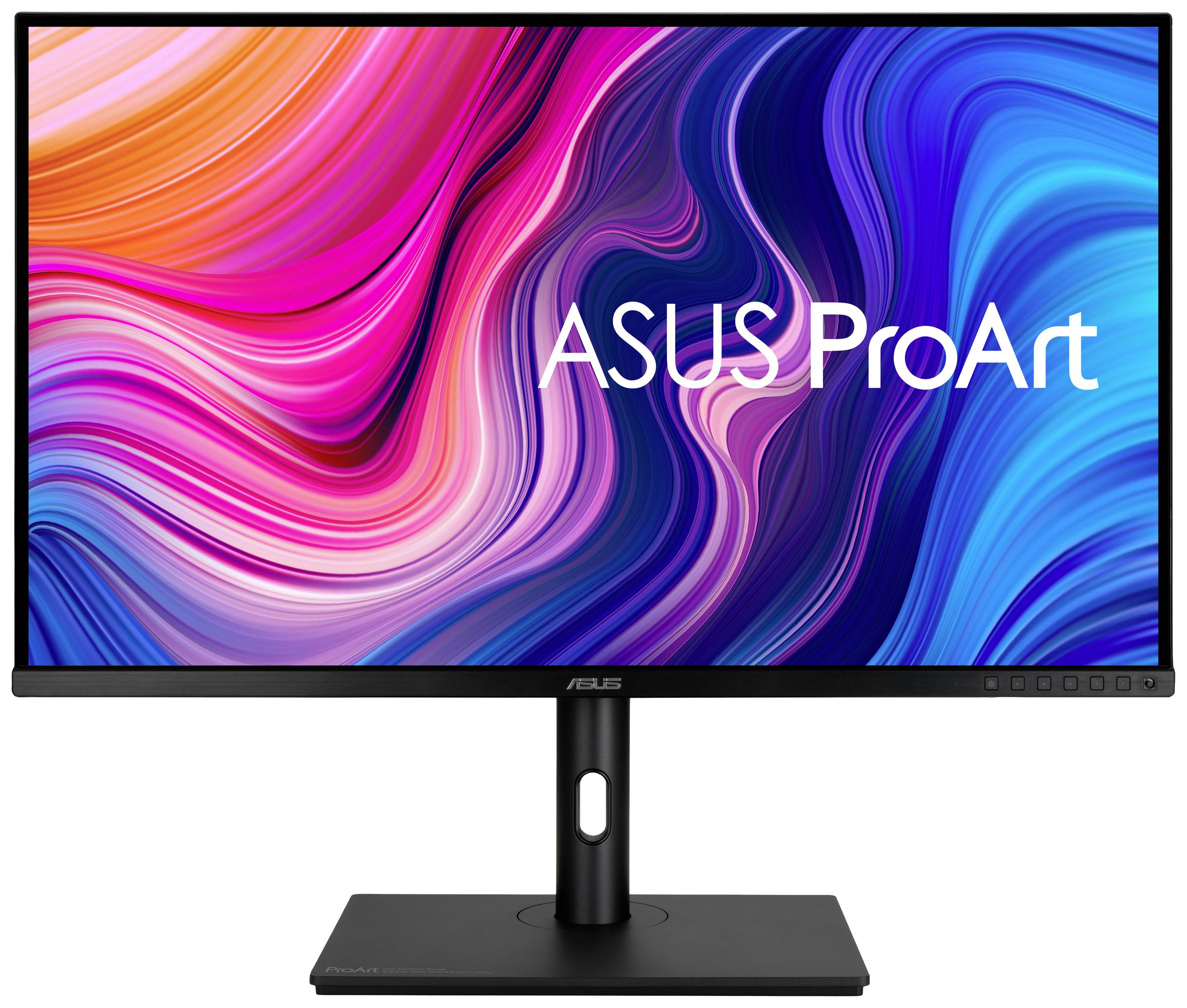 Ein Monitor der Marke ASUS ProArt zeigt abstrakte, bunte Farbwirbel auf dem Bildschirm, symbolisiert Kreativität und visuellen Genuss.