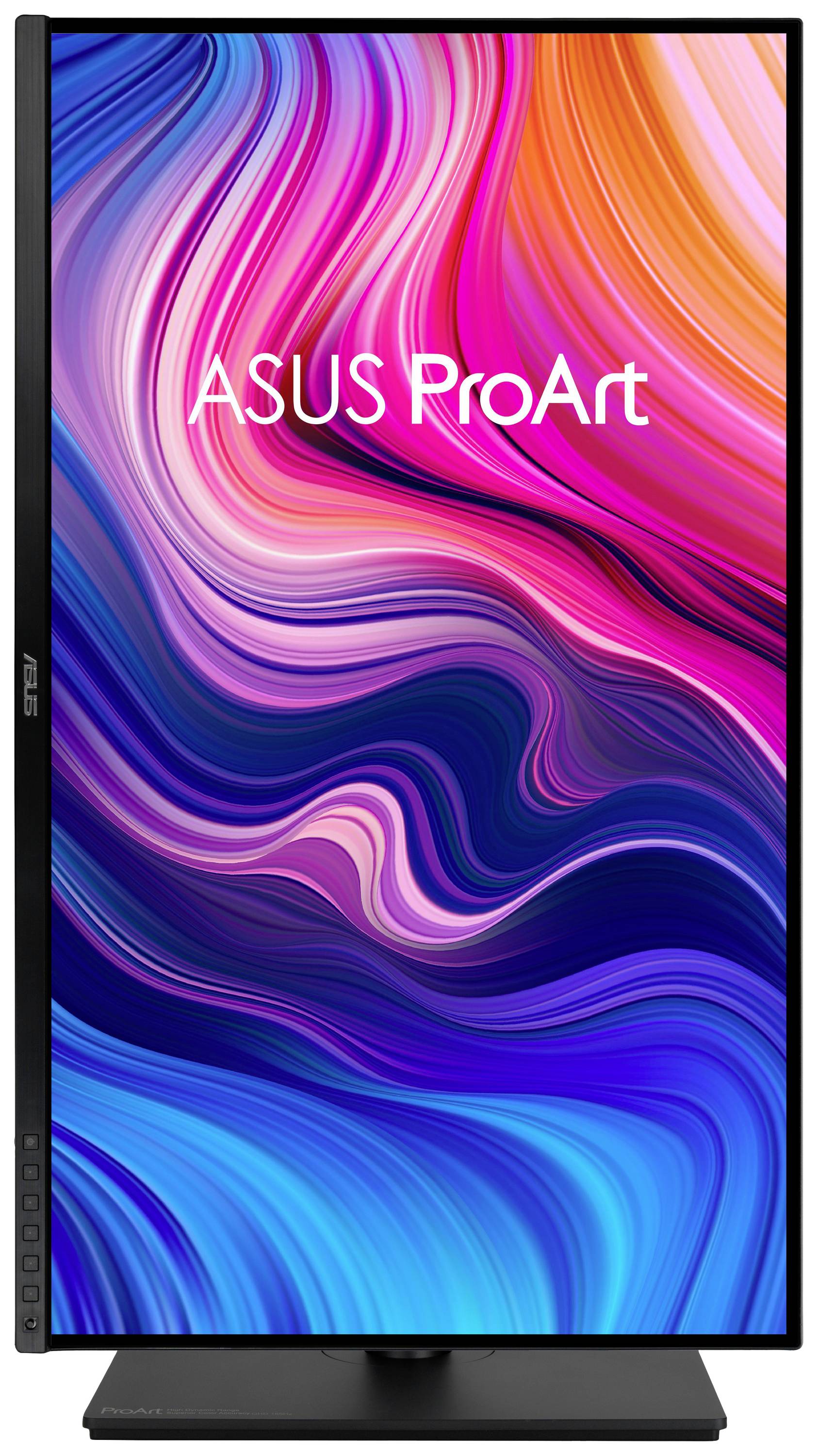 Ein Monitor mit der Aufschrift 'ASUS ProArt', zeigt farbenfrohe abstrakte Wellen in Pink, Blau und Lila.