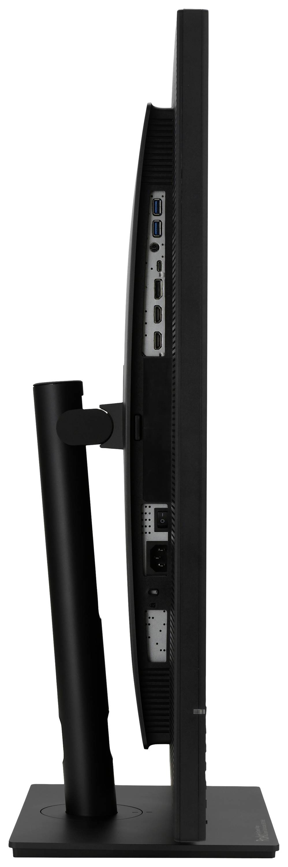 Seitenansicht eines flachen Computer-Monitors mit sichtbaren Anschlüssen auf der Rückseite, montiert auf einem Ständer.