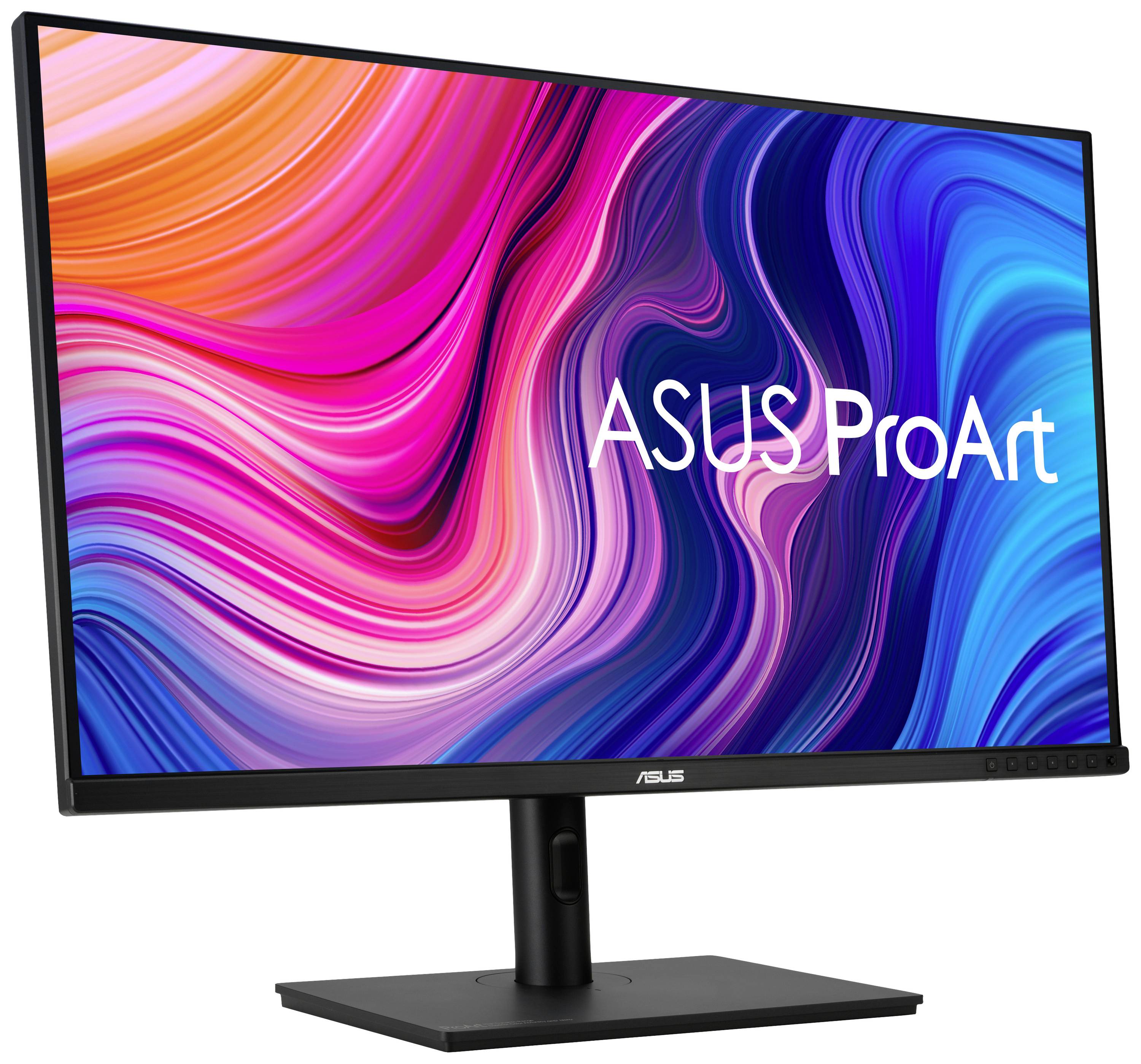 Ein Computerbildschirm zeigt bunte, gewellte Linien in Pink, Blau und Orange. Darauf steht 'ASUS ProArt'.