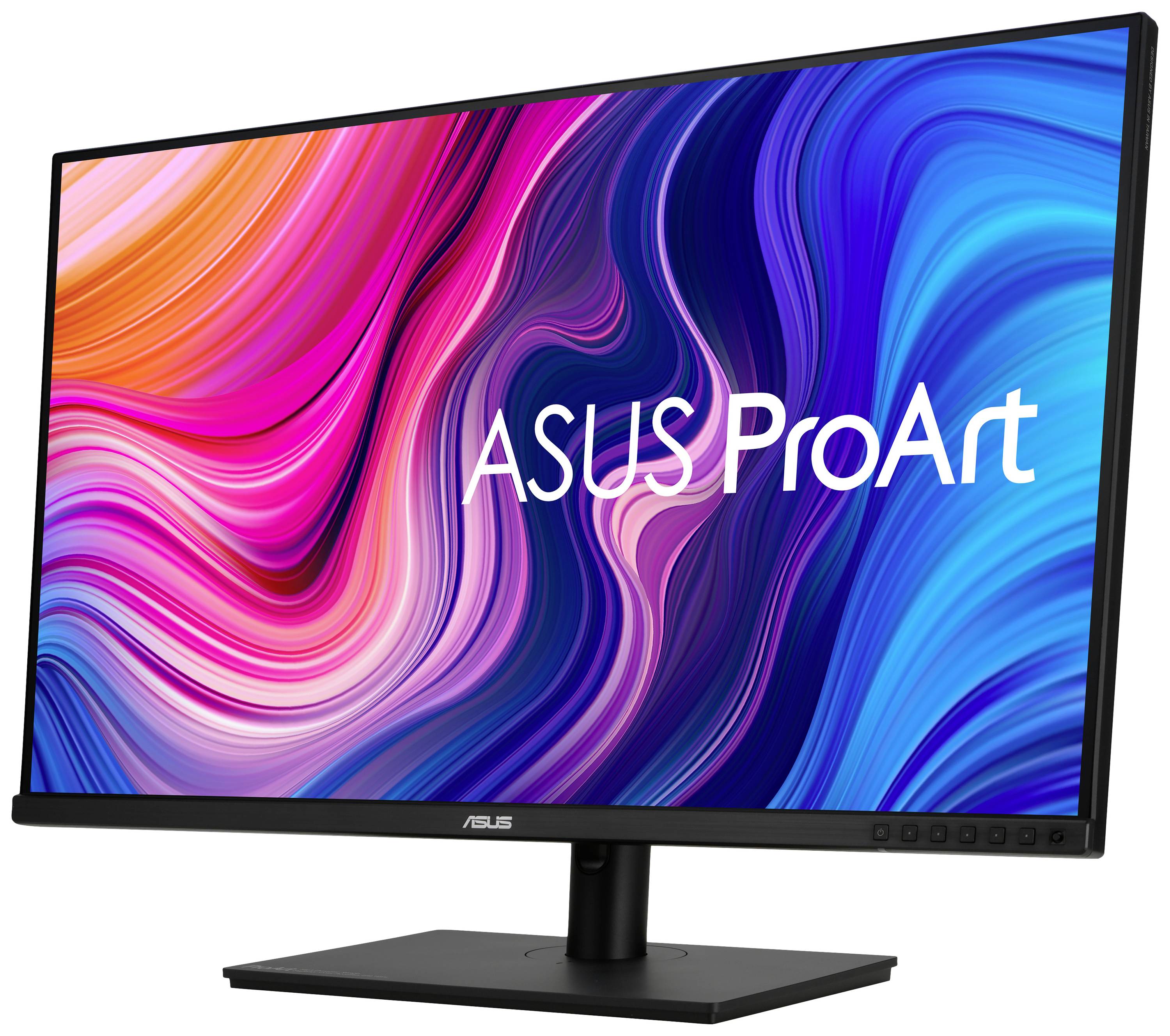 Ein ASUS ProArt Monitor mit lebendigem, buntem Hintergrund und 'ASUS ProArt' in weißer Schrift auf dem Bildschirm.