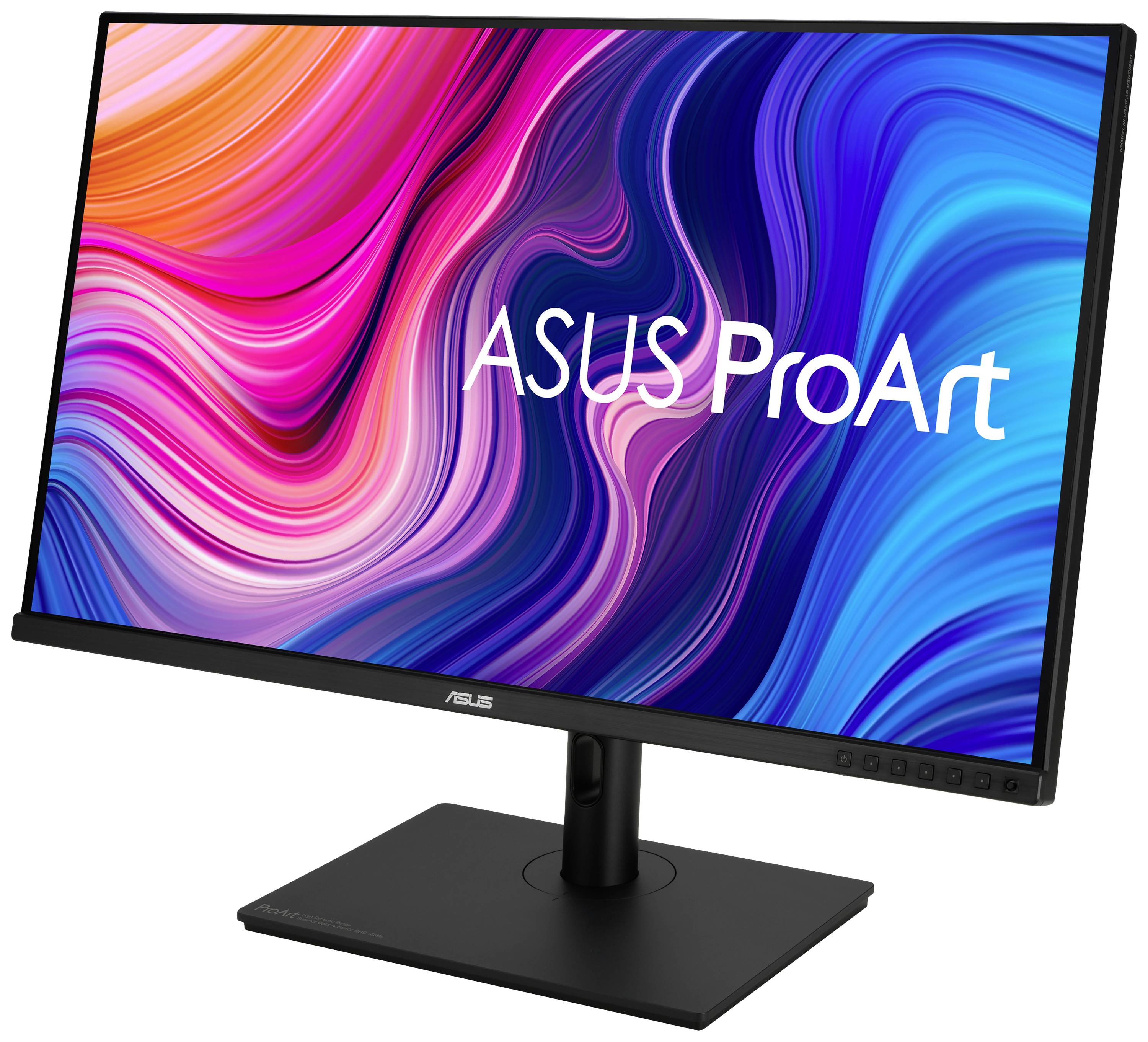 Ein ASUS ProArt Monitor mit einem bunten, abstrakten Hintergrund auf dem Bildschirm. Ideal für kreative Arbeiten und Farbgenauigkeit.