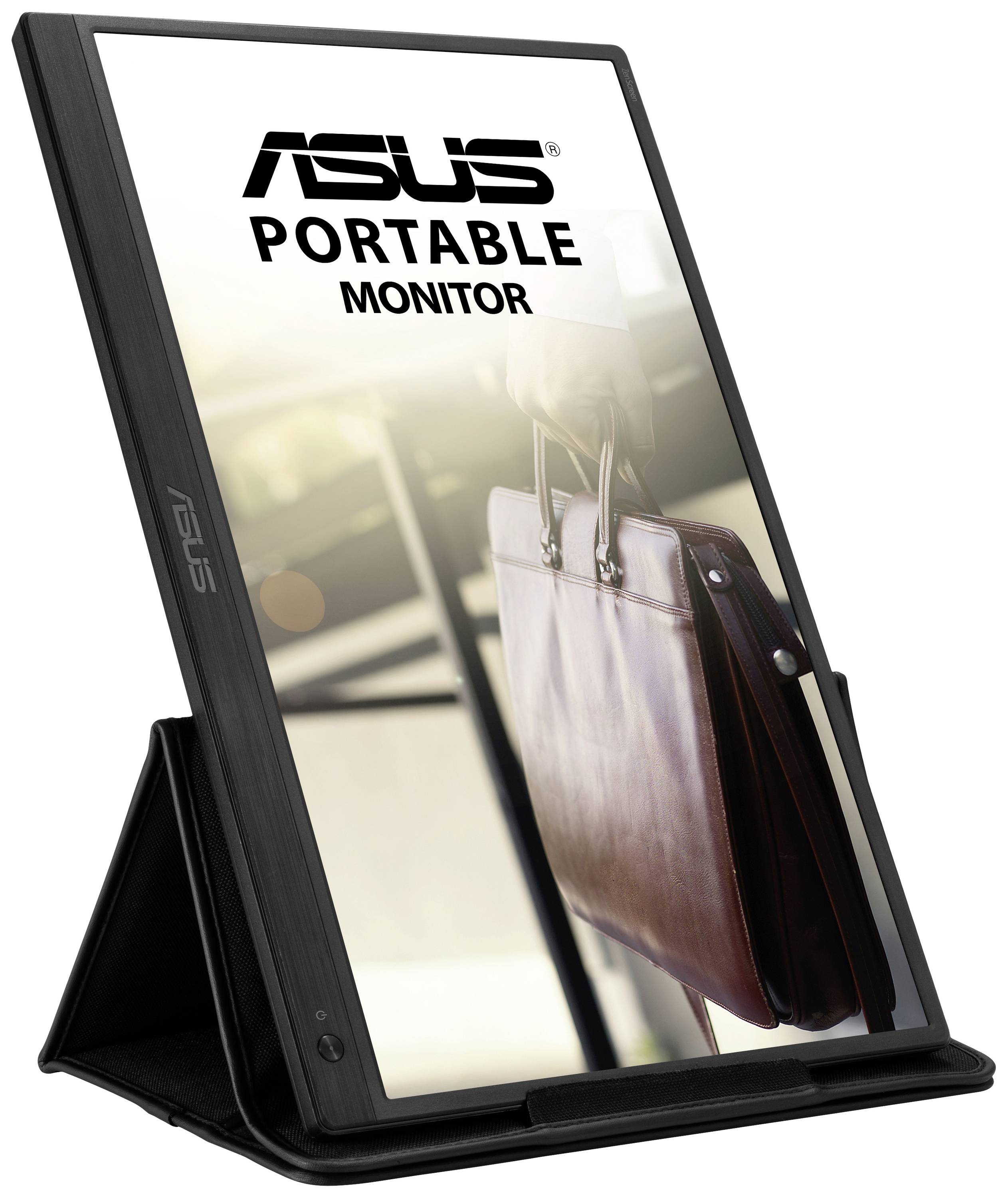 Tragbarer Asus-Monitor im Ständer, Display zeigt eine Hand, die eine Ledertasche trägt.