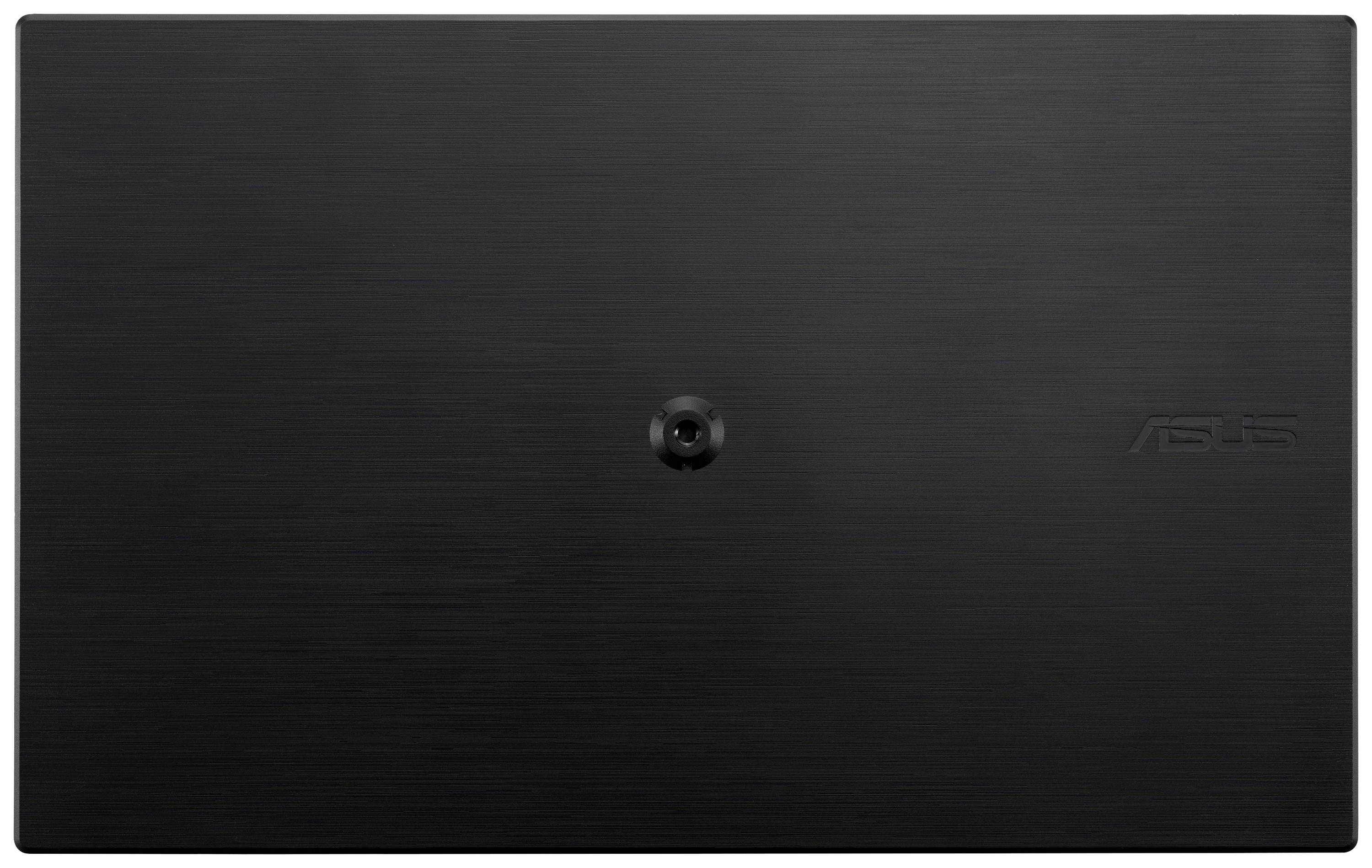 Ein schwarzes Laptop-Oberteil mit einer Webkamera in der Mitte und einem dezenten ASUS-Logo auf der rechten Seite.