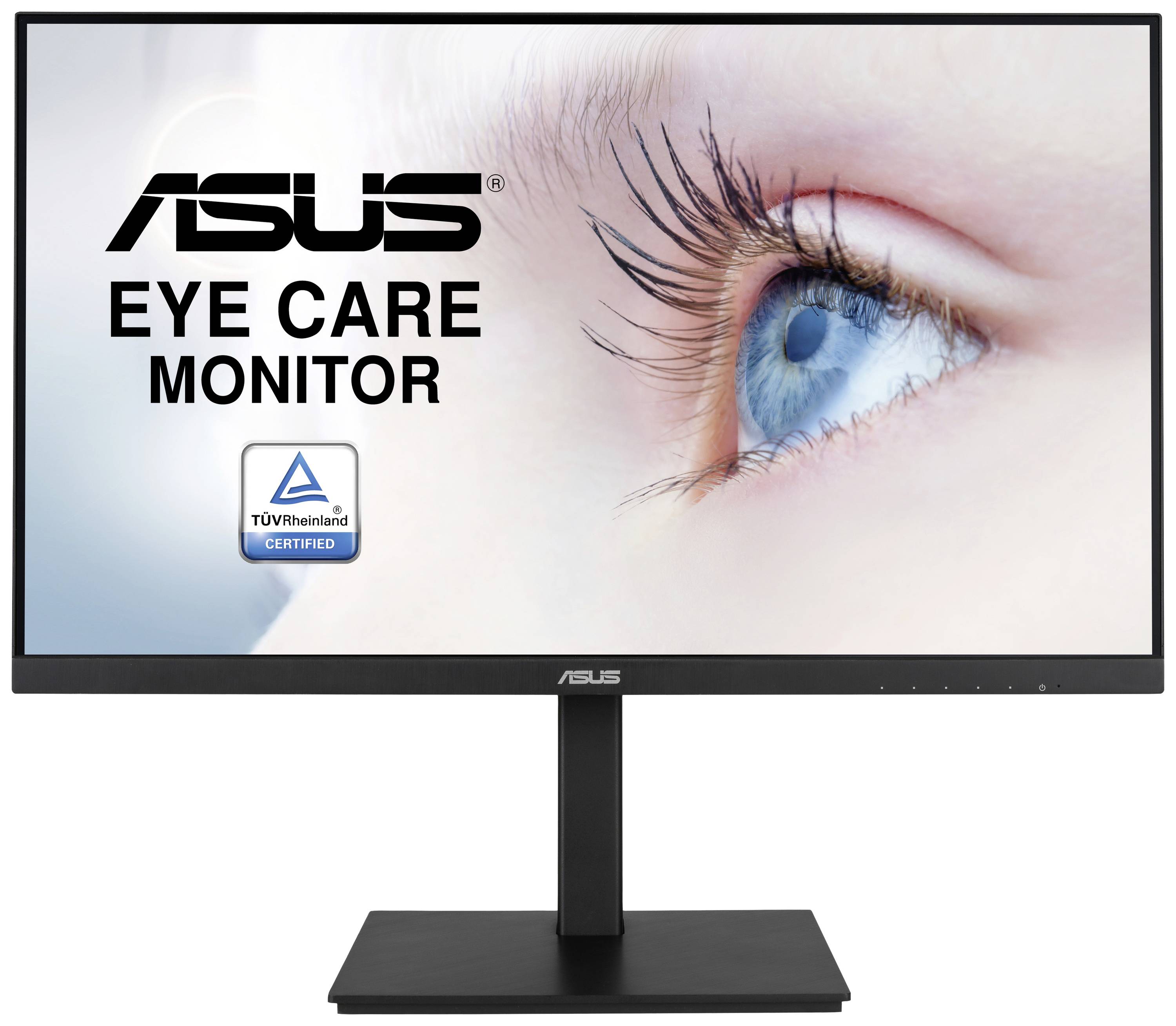 ASUS-Monitor mit TÜV Rheinland-Zertifizierung, beworben als 'Eye Care Monitor'. Nahaufnahme eines Auges auf dem Bildschirm.