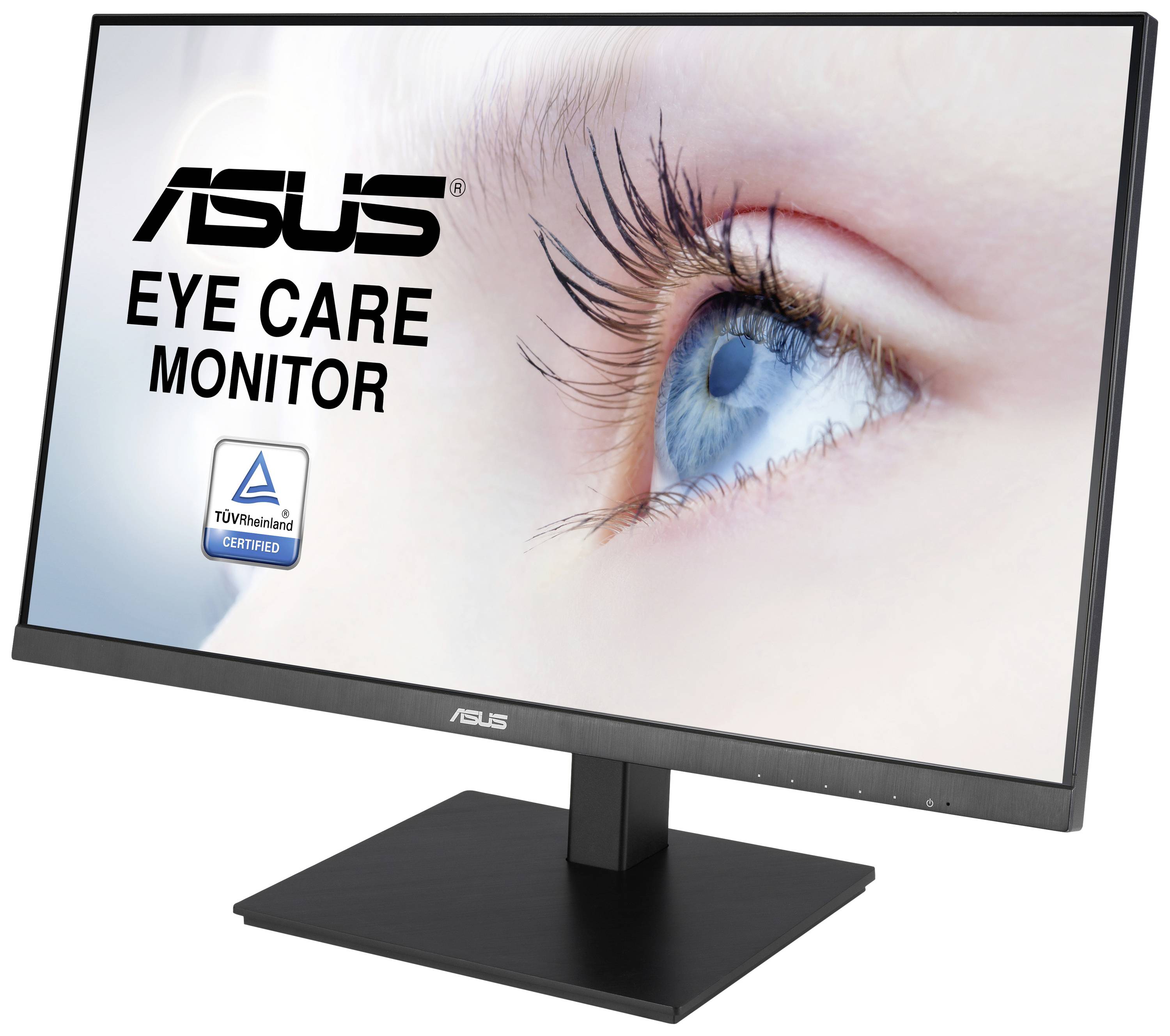 Ein ASUS Monitor mit der Aufschrift 'Eye Care Monitor' und einem TÜV Rheinland Zertifizierungssymbol. Fokus auf das Auge einer Person.