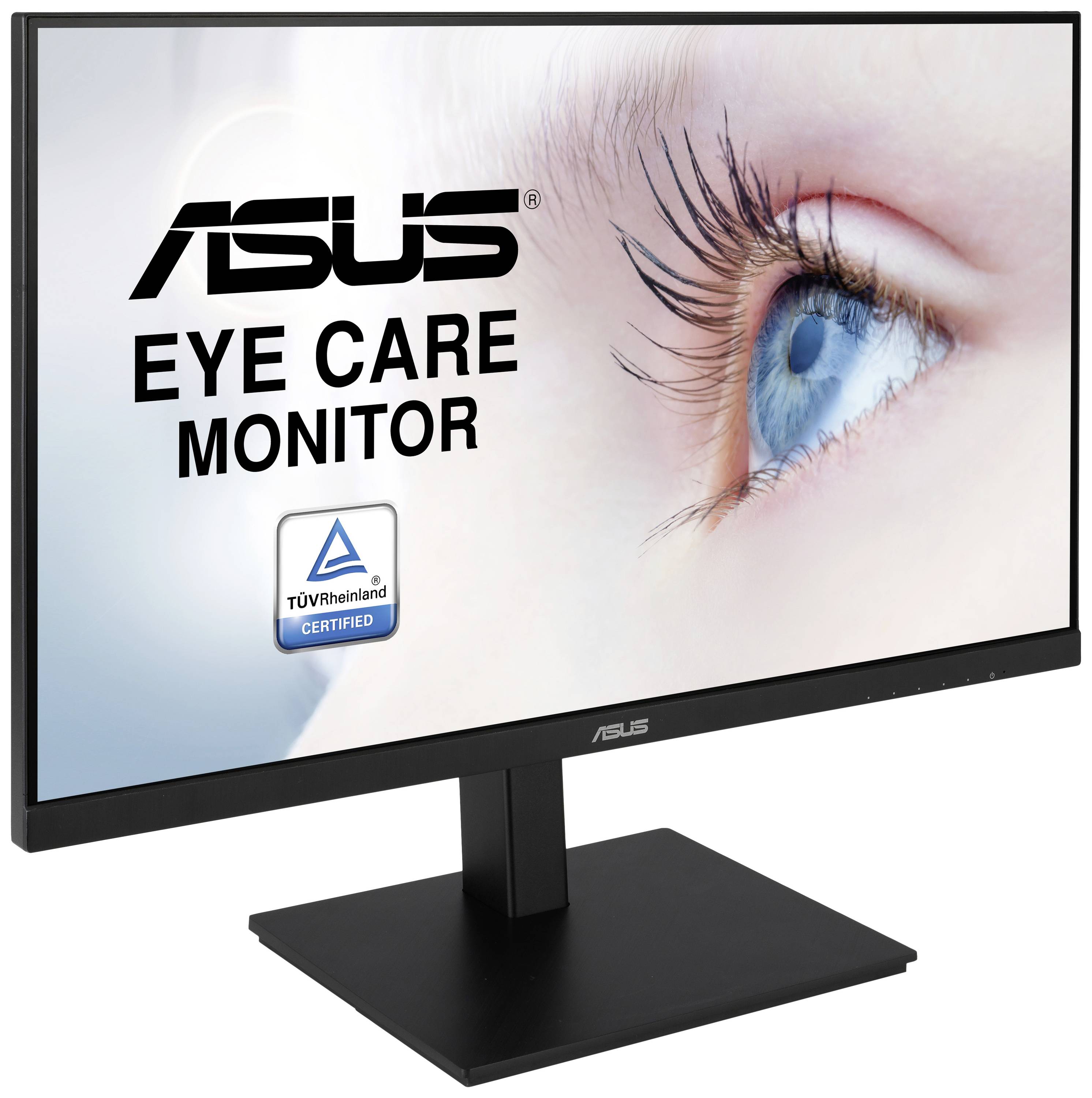 Ein ASUS-Monitor mit der Aufschrift 'Eye Care Monitor' und TÜV Rheinland-Zertifizierung. Großes Auge auf dem Bildschirm sichtbar.