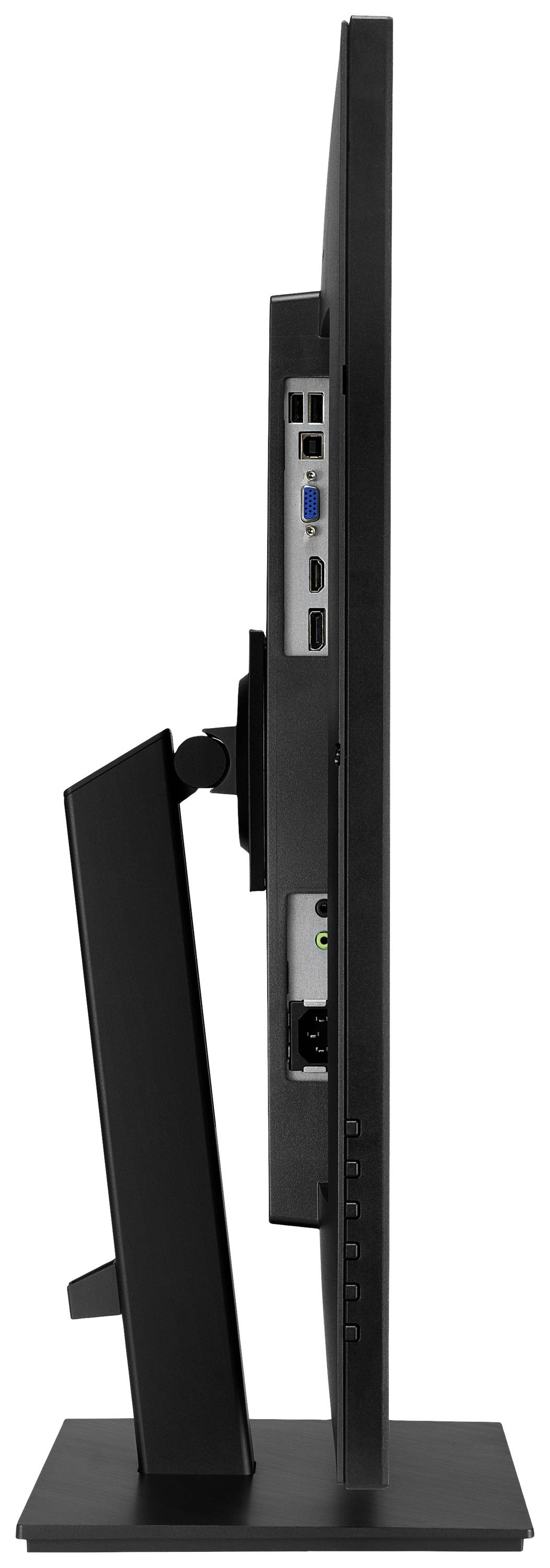 Ein schmaler Computermonitor, seitliche Ansicht, zeigt Anschlüsse und Neigungsmechanismus, auf einem stabilen Standfuß montiert.