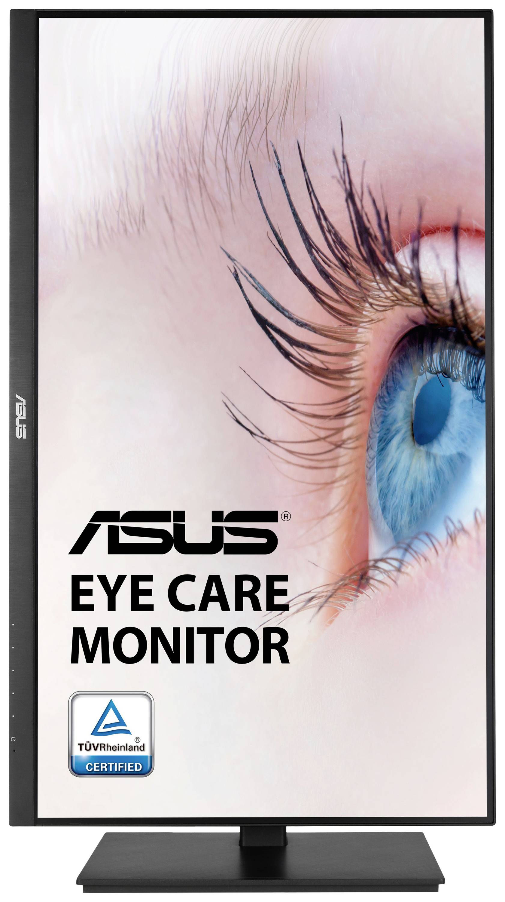 Ein Monitor mit der Aufschrift 'ASUS Eye Care Monitor'. Nahaufnahme eines Auges, TÜV Rheinland-zertifiziert für Augenpflege.