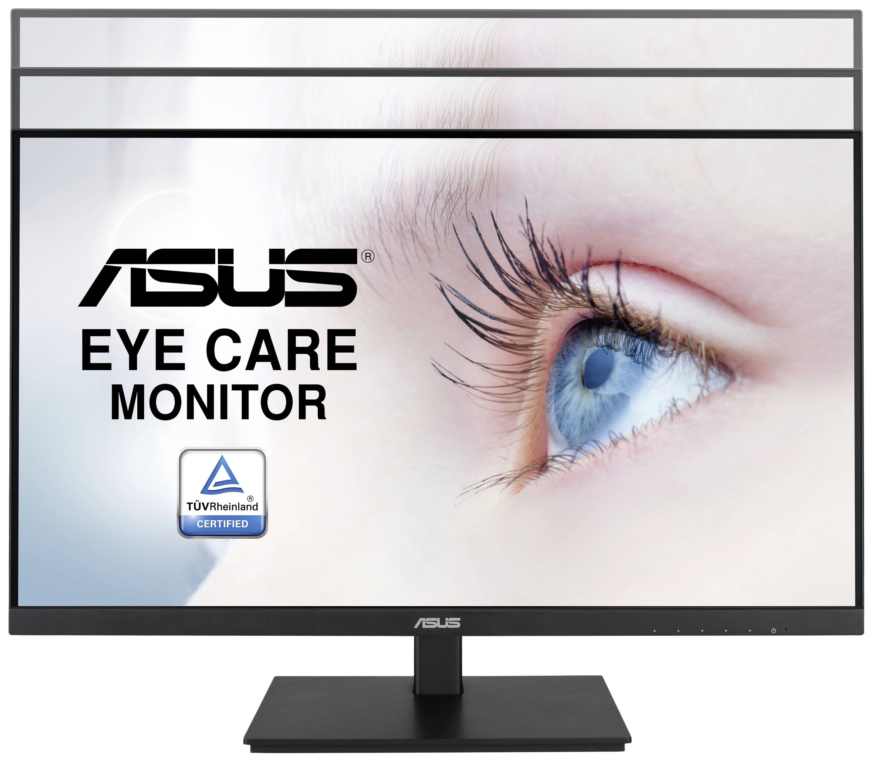 Ein ASUS-Monitorbildschirm mit dem Text 'Eye Care Monitor' und TÜV Rheinland-Zertifikat neben einem Nahaufnahmefoto eines Auges.