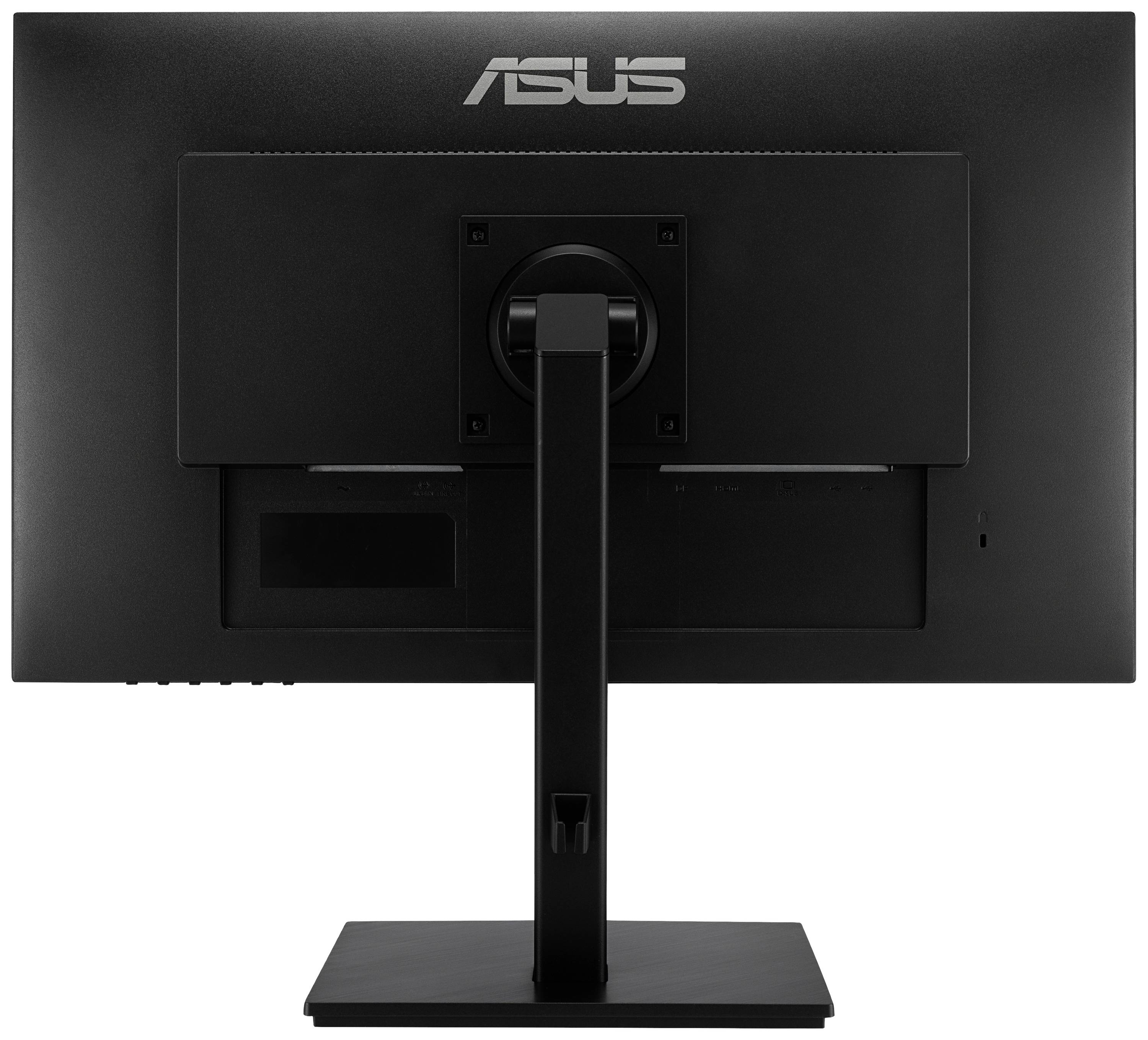 Ein schwarzer Computermonitor von hinten, mit verstellbarem Standfuß. Oben auf dem Rahmen ist das 'ASUS'-Logo erkennbar.