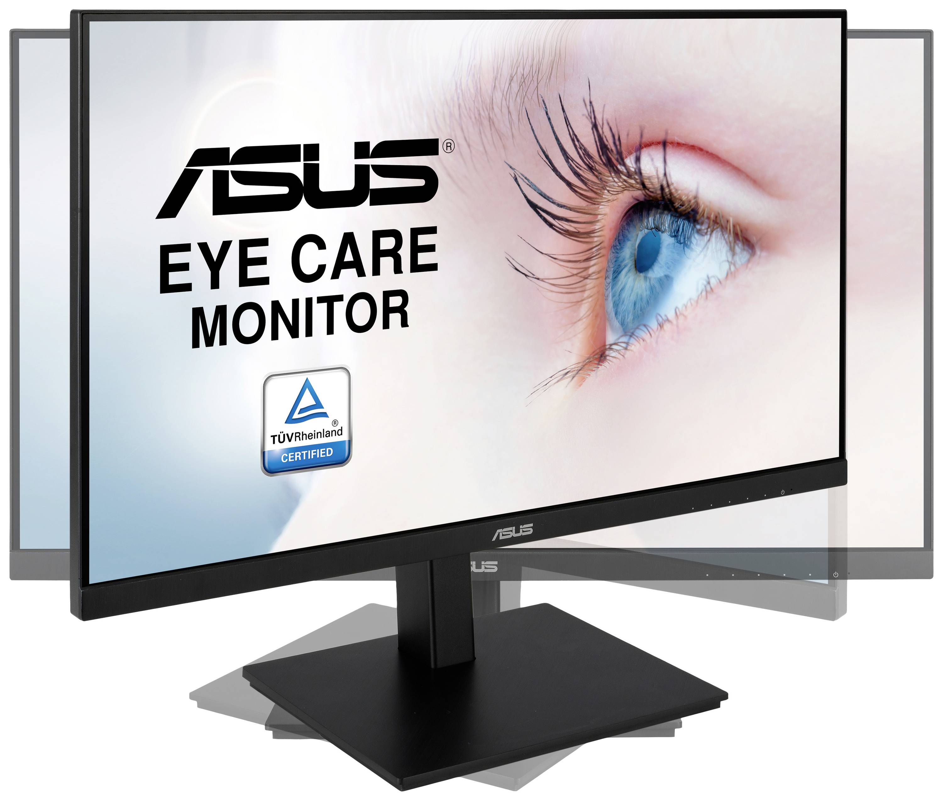Ein Monitor mit der Aufschrift 'ASUS Eye Care Monitor' und einem Auge im Hintergrund. TÜV Rheinland zertifiziert.