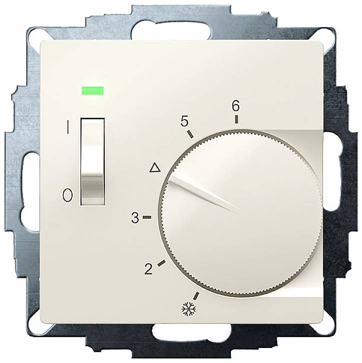 Thermostat-Drehregler mit Skala von 0 bis 6, grünem Licht und Kippschalter. Gehäuse in Metallrahmen montiert.