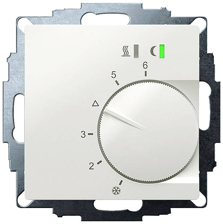 Thermostat-Drehregler auf Wandmontage, zeigt Temperatureinstellungen von 1 bis 6 mit Symbolen für Heizen, Lüften und Kühlen.