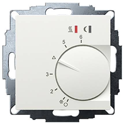 Ein weißer Drehthermostat mit einer Skala von 0 bis 6. Symbole für Heizung und Lüftung sind sichtbar. Der Regler steht auf 3.