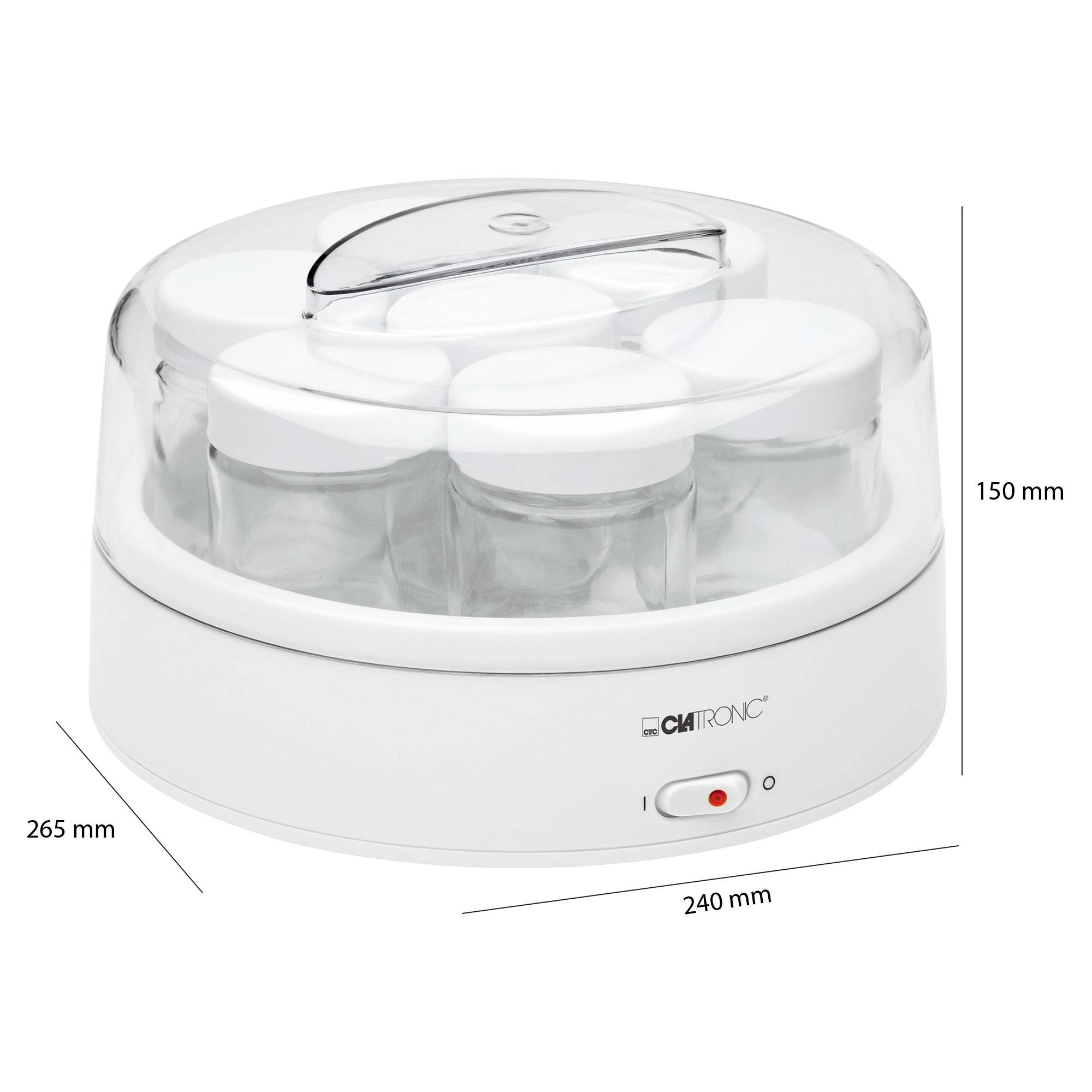 Joghurtbereiter mit transparentem Deckel, enthält mehrere Glasbehälter für Selbstherstellung von Joghurt. Maße: 265x240x150 mm.