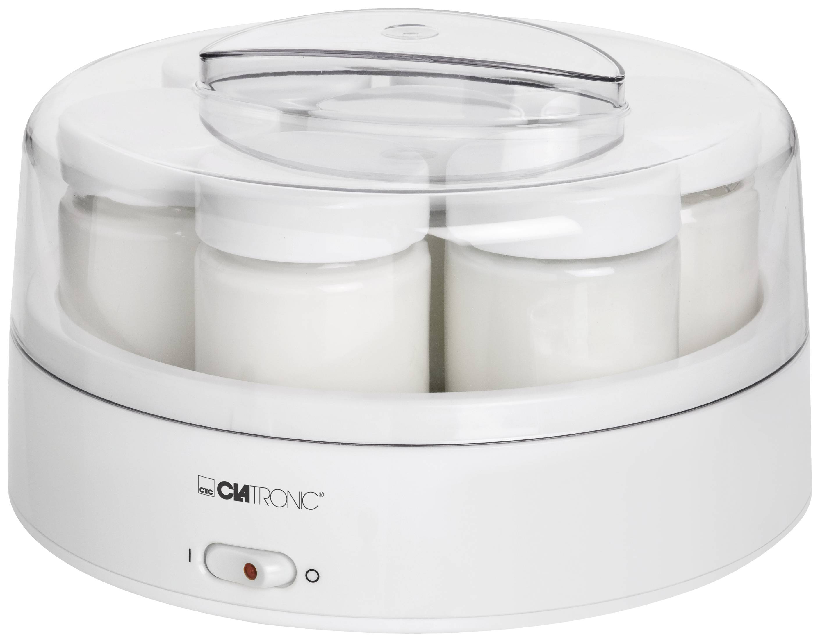 Elektrischer Joghurtbereiter mit vier weißen Gläsern, transparentem Deckel und An-/Aus-Schalter vorne. Ideal zur Herstellung von Joghurt.