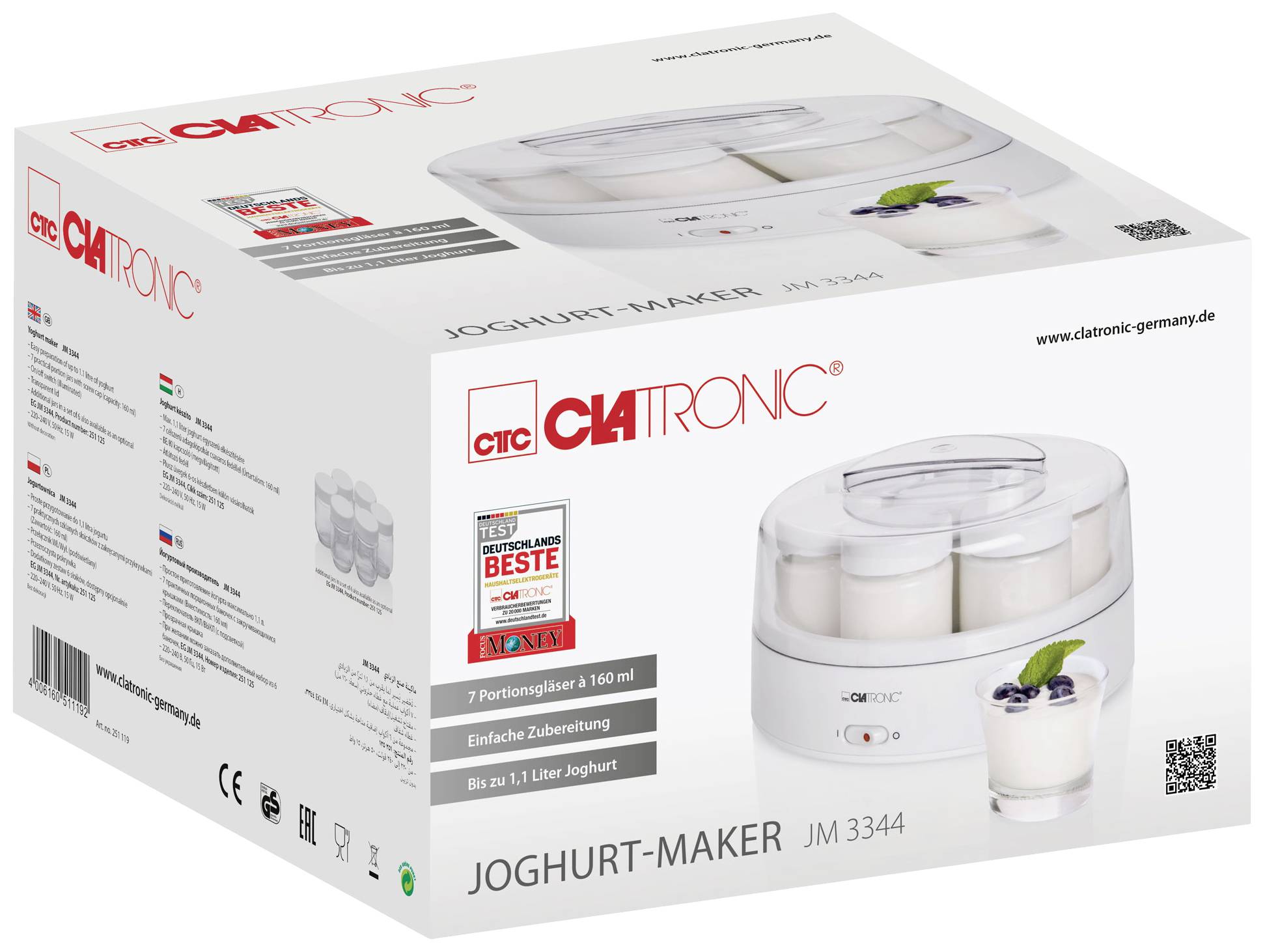 Joghurt-Maker-Verpackung mit Abbildung des Geräts. Enthält 7 Portionen à 160 ml. Clatronic-Logo und Modellnummer JM 3344.