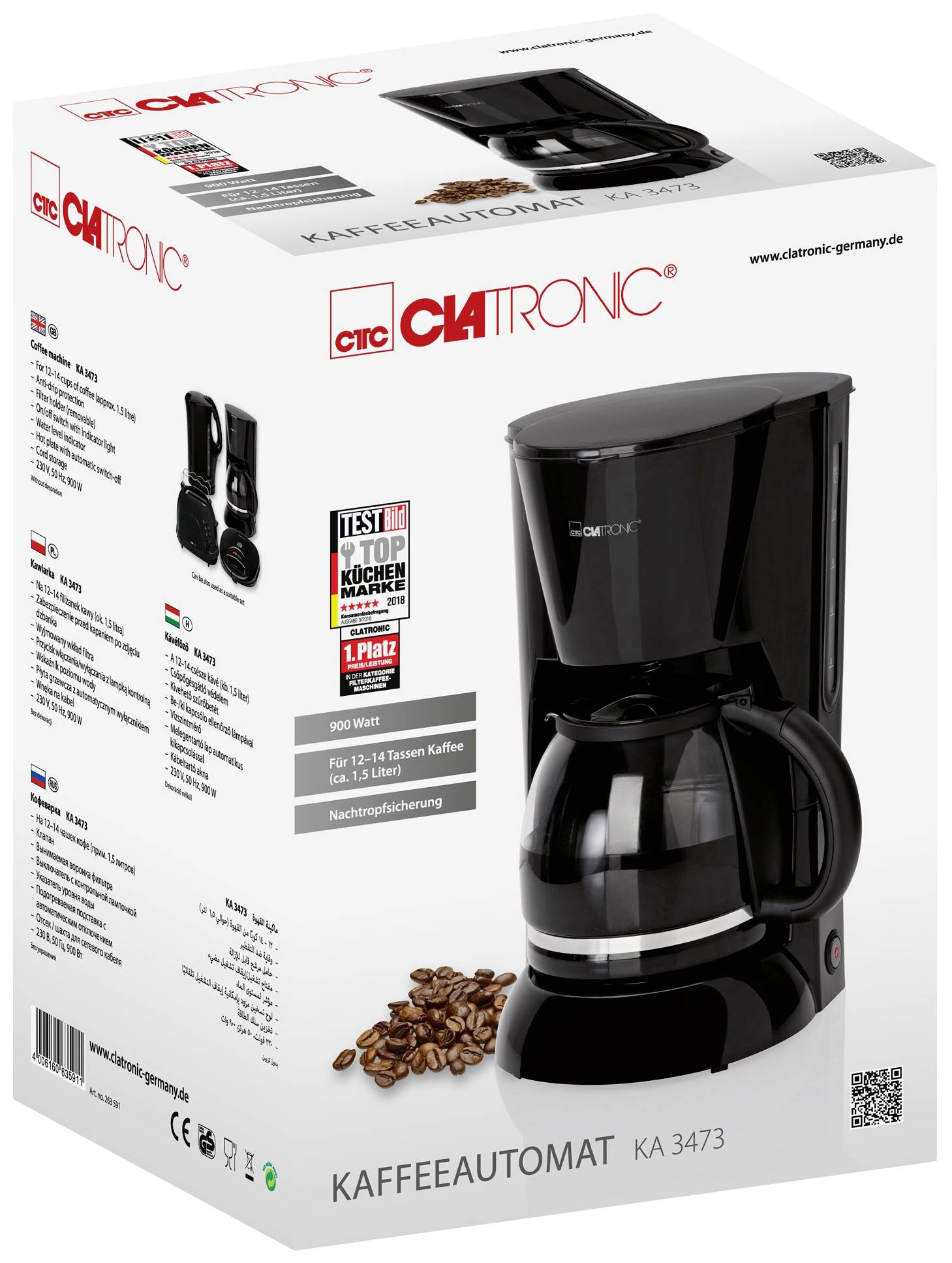 Eine schwarze Kaffeemaschine auf einer Verpackung. Text auf der Verpackung betont Kapazität, Energieverbrauch und Markenlogo.